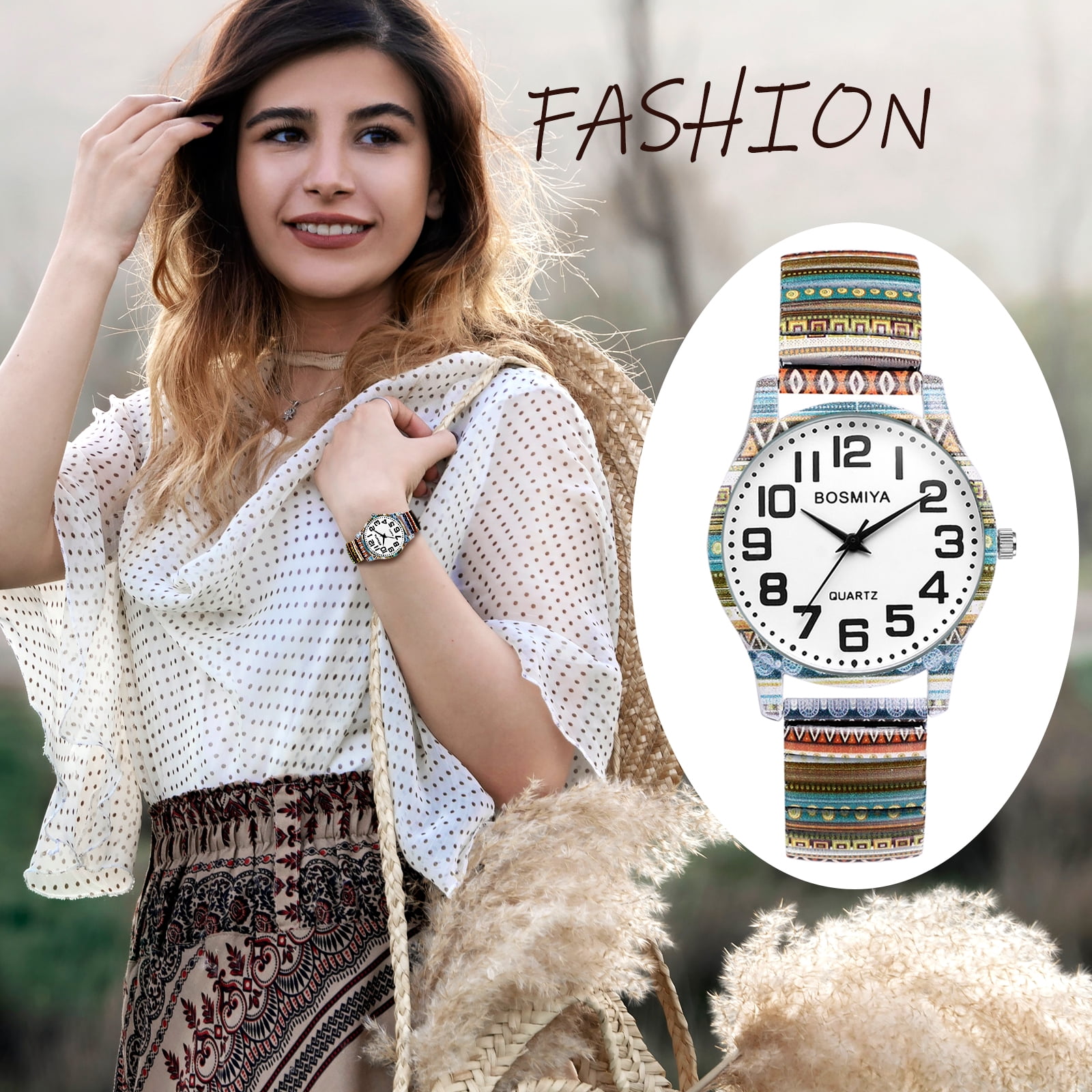 Avaner Stretch Band Watches for Women: Bohemia Flower Easy Reader Elastic Band Watch Large Face Big Number Analog Quartz Bracelet Watch Expansion Band Wristwatch - Image 2