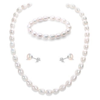 Bamiki 6-7mm Cultured White Pearl Jewelry Necklace Set with Bracelet & Stud Earrings, S925 Sterling Silver Adjustable Clasp Valentine's Day Gift for Her