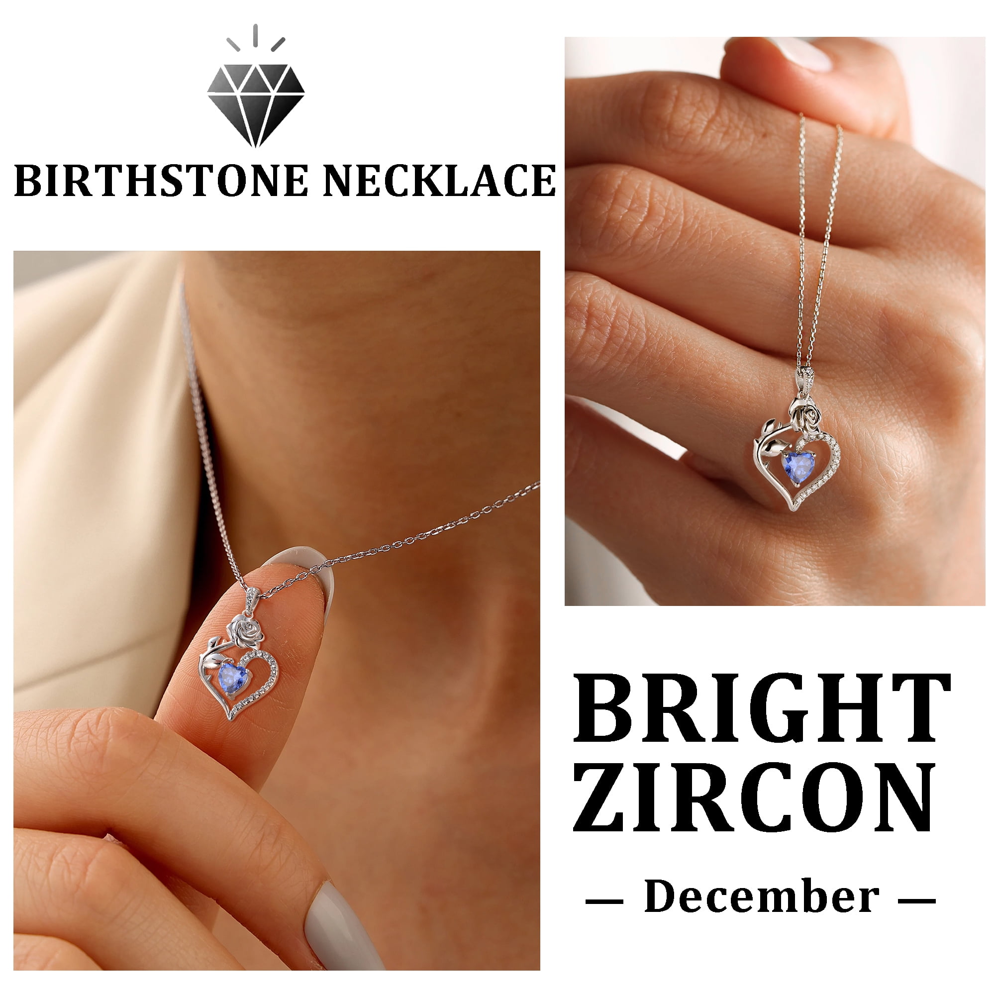 Beautlace 925 Sterling Silver Heart Necklace,Rose Flower Heart December Birthstone Pendant Jewelry Christmas Valentines Mother's Day Gifts for Women Mom Wife/Lover - Image 3