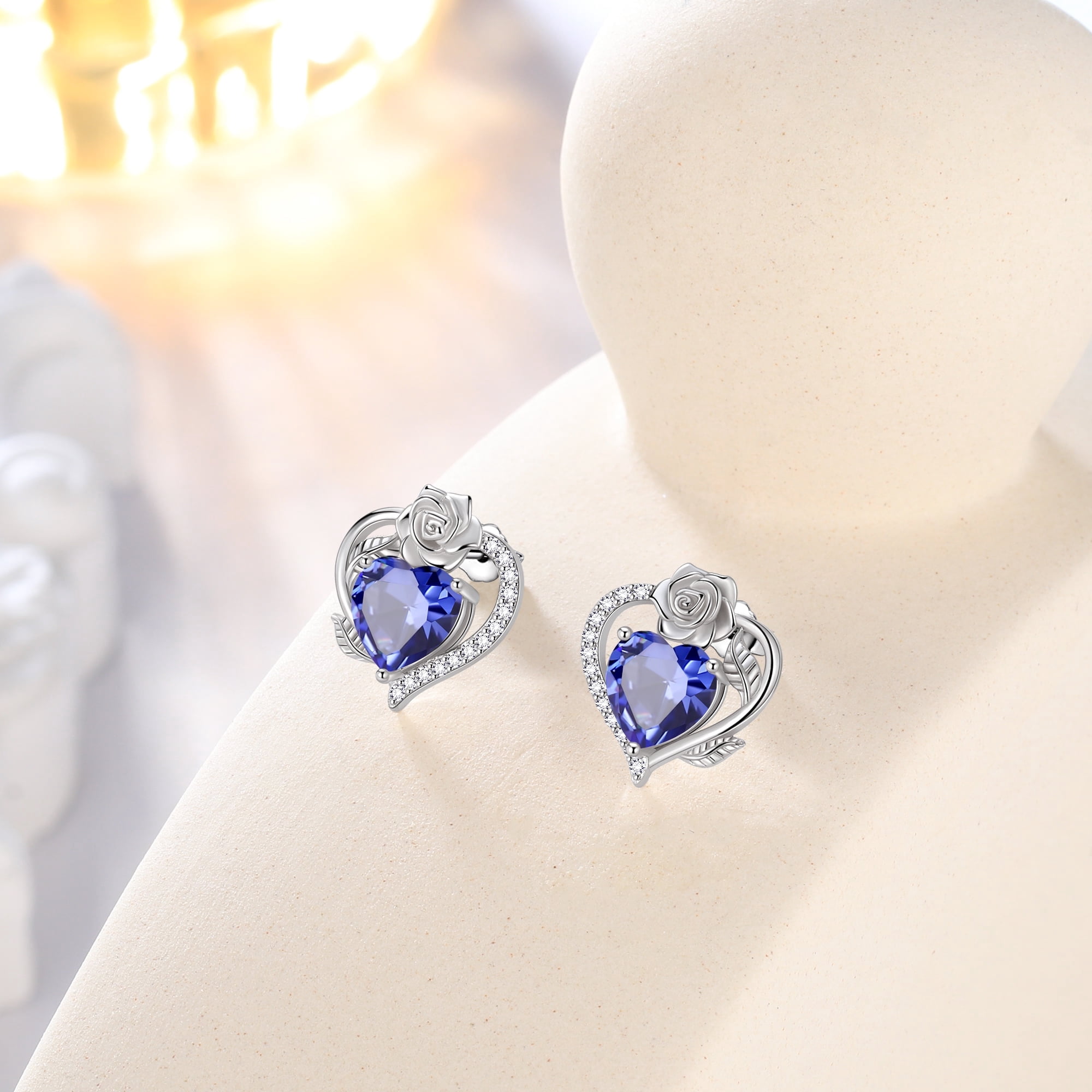 Beautlace 925 Sterling Silver Rose Heart Birthstone Earrings,December Birthstone Rose Flower Heart Earrings Studs Jewelry Gifts for Women - Image 4
