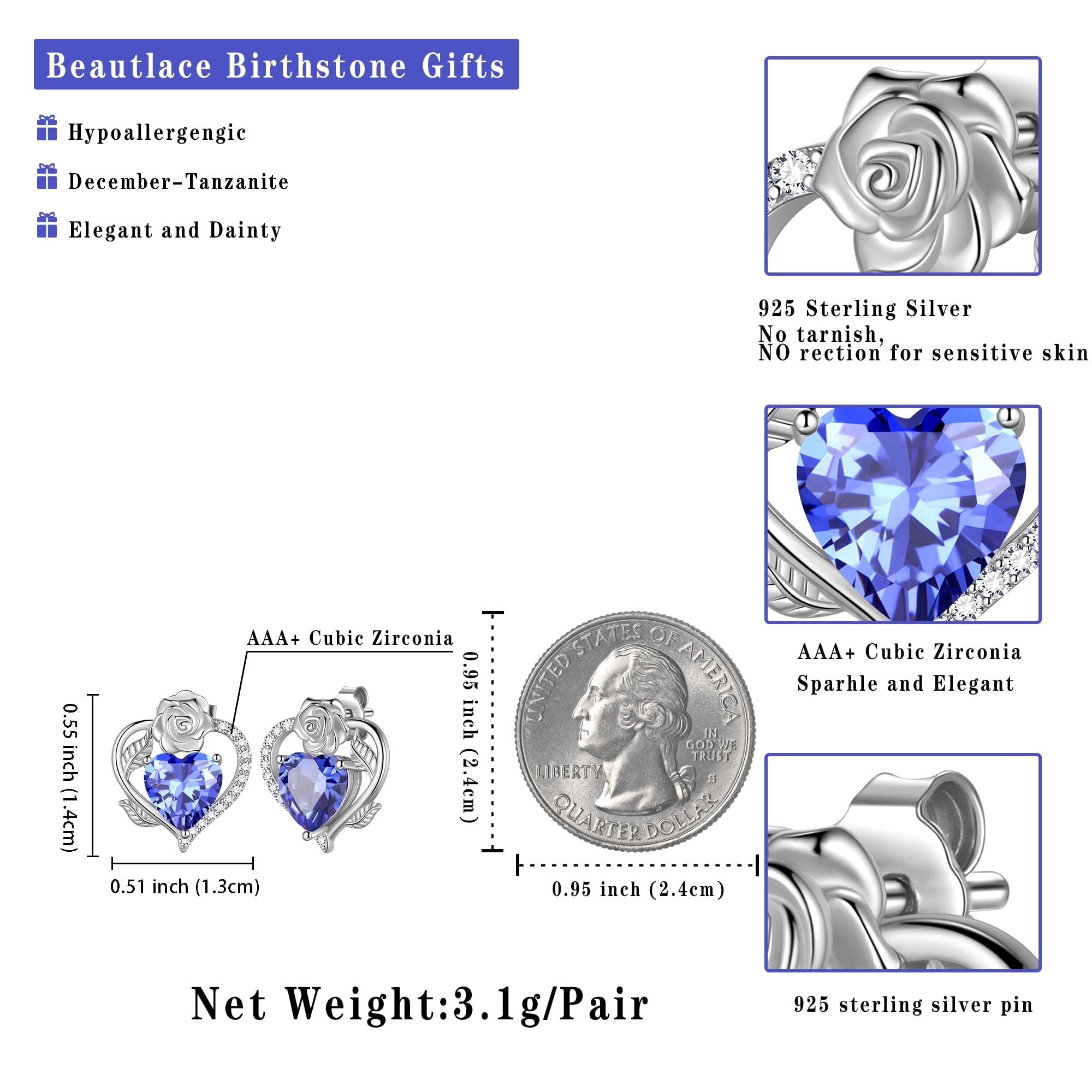 Beautlace 925 Sterling Silver Rose Heart Birthstone Earrings,December Birthstone Rose Flower Heart Earrings Studs Jewelry Gifts for Women - Image 5