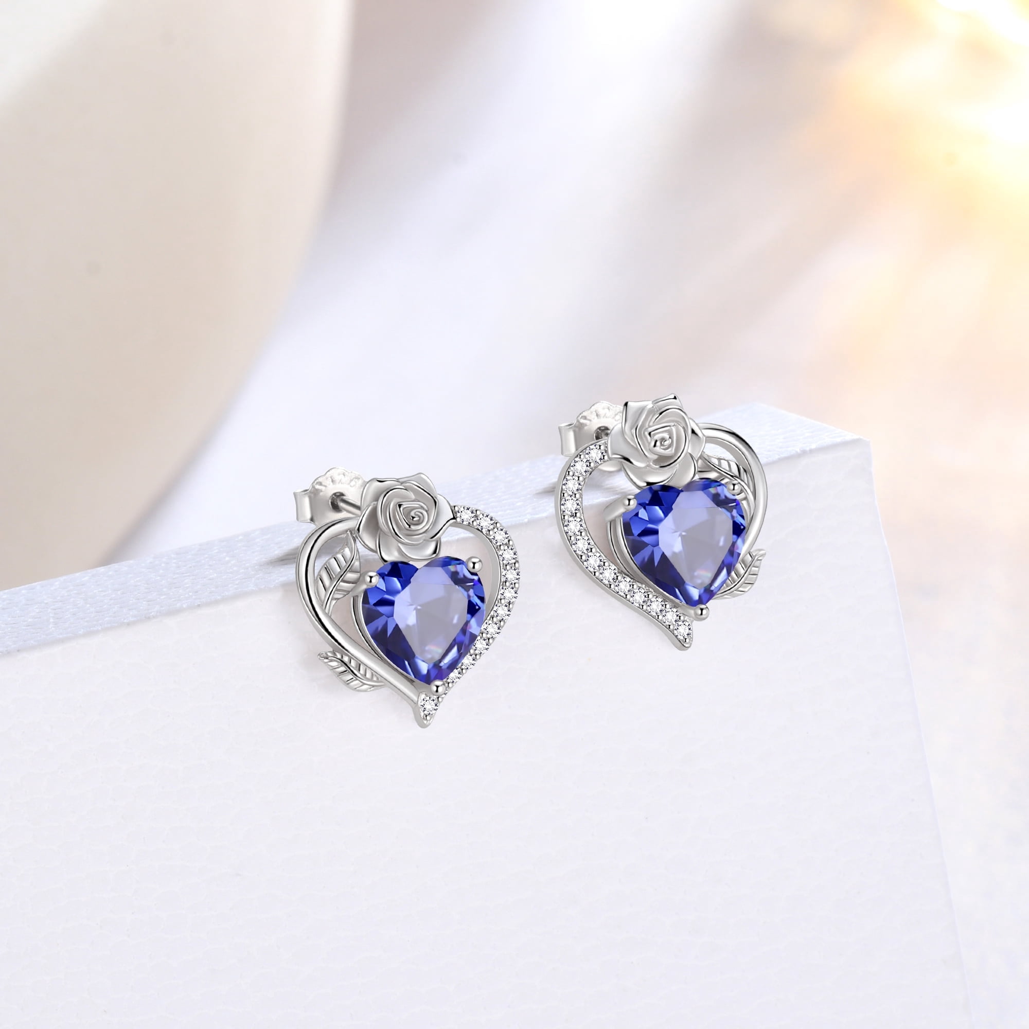 Beautlace 925 Sterling Silver Rose Heart Birthstone Earrings,December Birthstone Rose Flower Heart Earrings Studs Jewelry Gifts for Women - Image 3