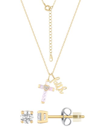 Believe by Brilliance Adult Mother of Pearl and Cubic Zirconia Cross Necklace Set in 14KT Gold Flash Plated