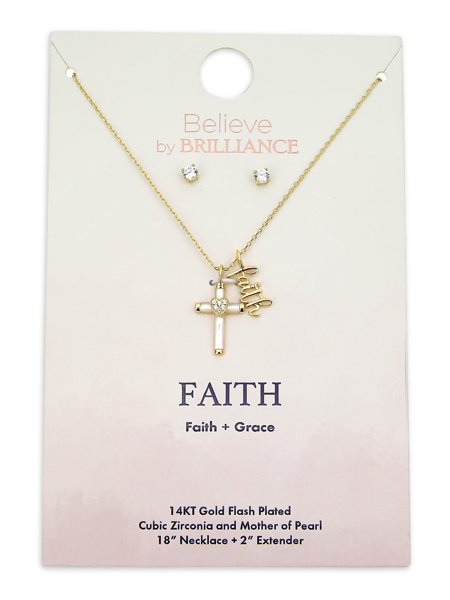 Believe by Brilliance Adult Mother of Pearl and Cubic Zirconia Cross Necklace Set in 14KT Gold Flash Plated - Image 4