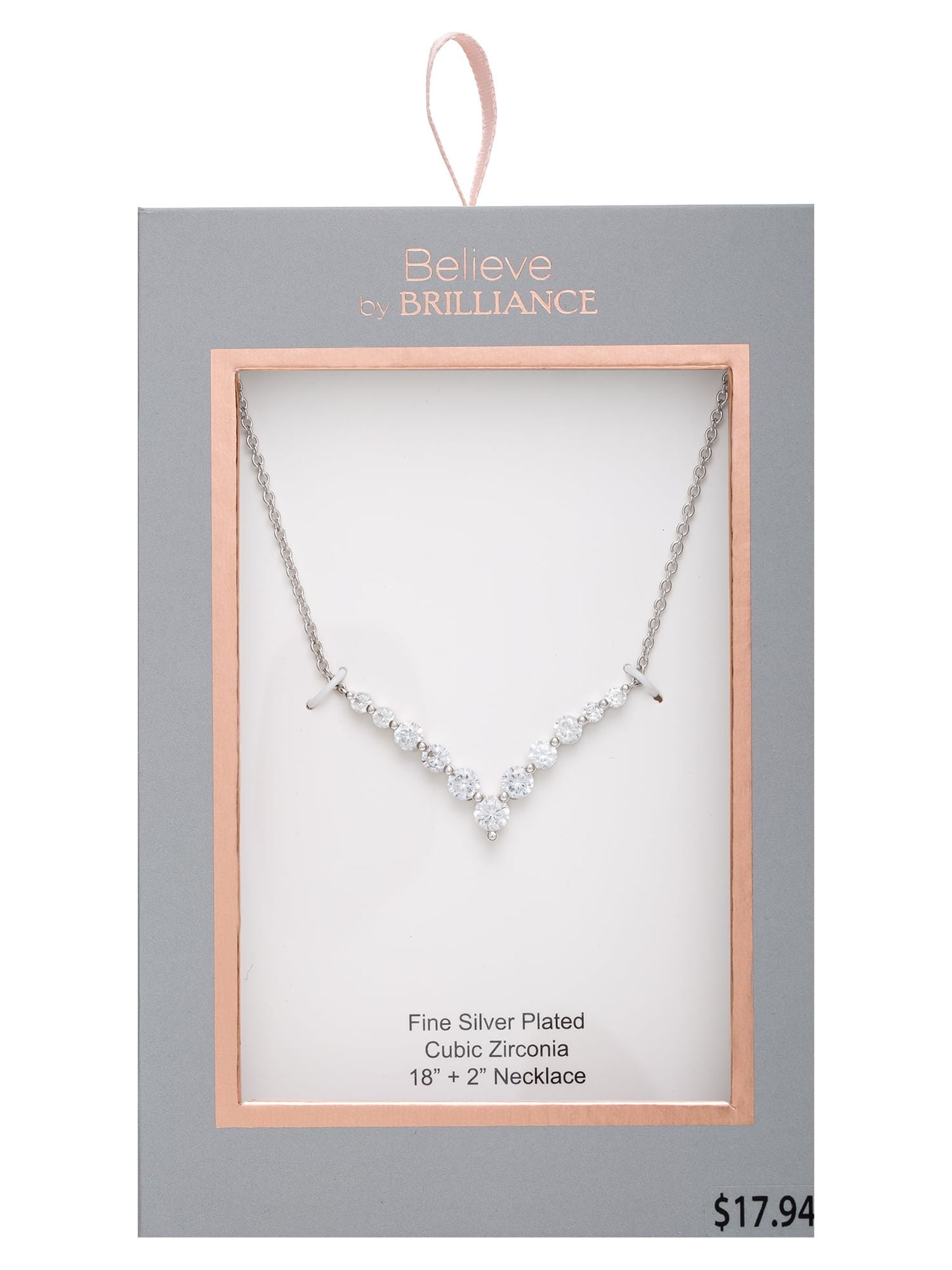 Believe By Brilliance Fine Silver Plated Cubic Zirconia V Shape Necklace 18+2" - Image 4
