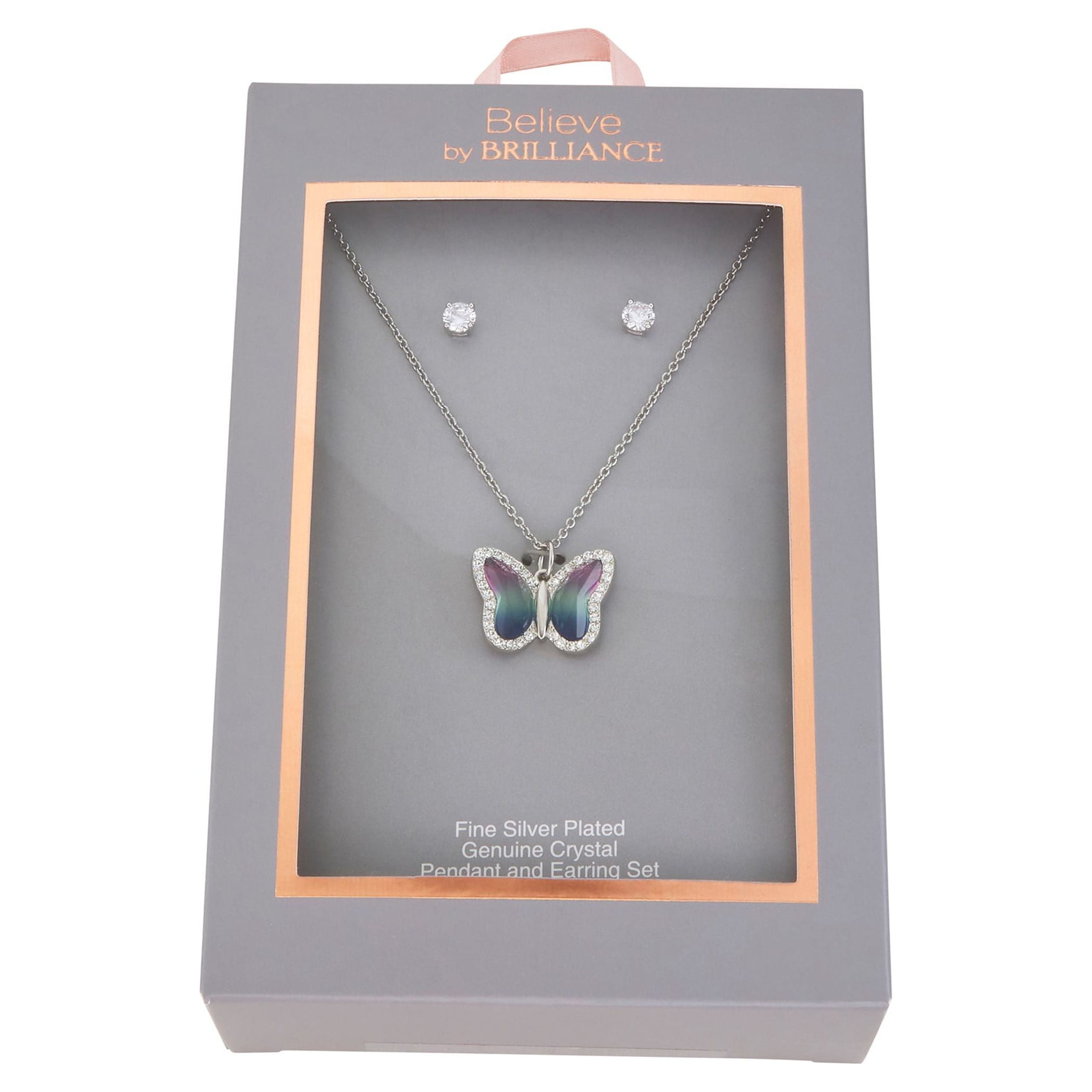 Believe by Brilliance Women's Crystal Butterfly Set in Fine Silver Plated Brass - Image 3