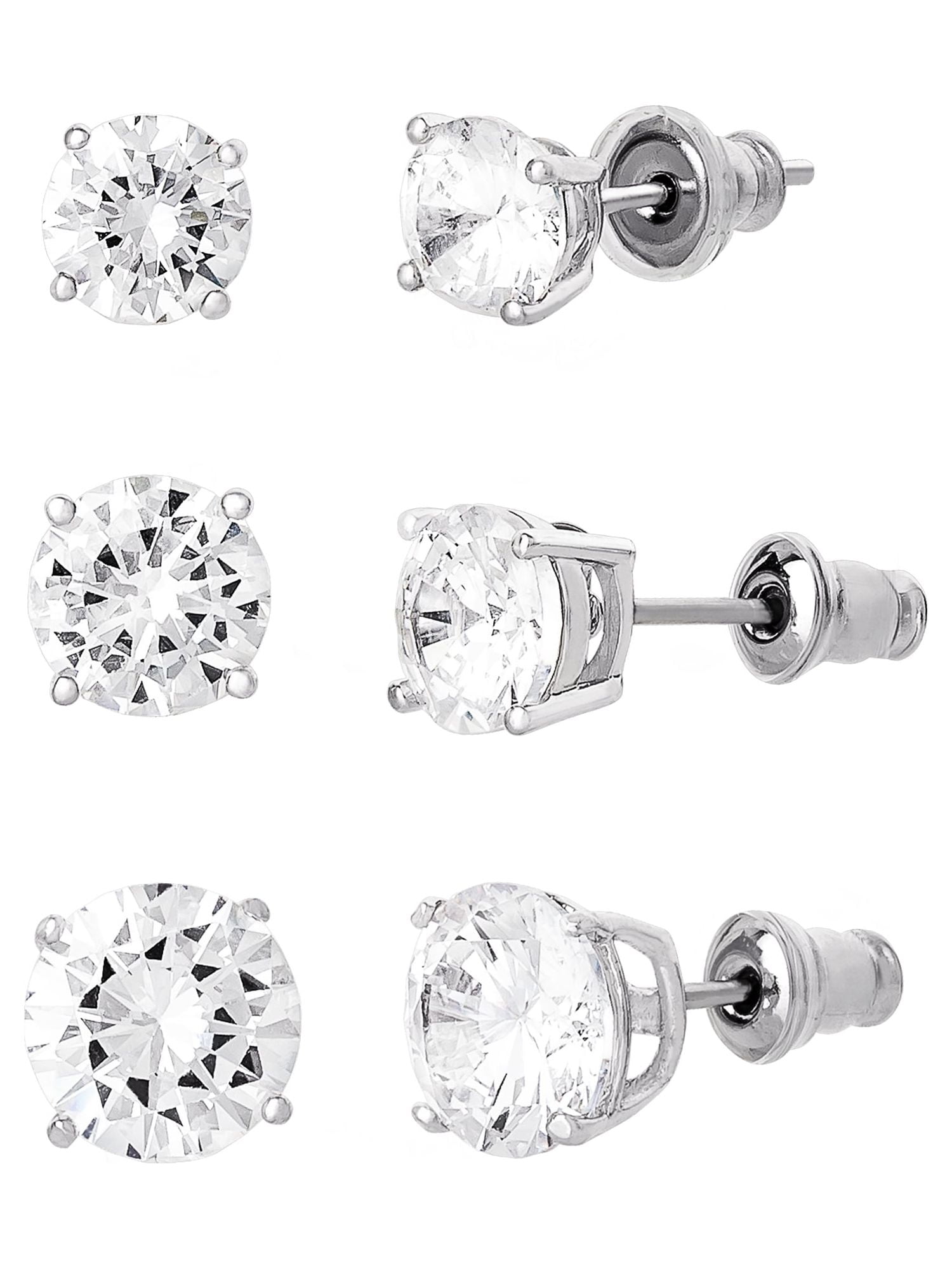 Believe by Brilliance, Women's Fine Silver Plated Cubic Zirconia Round Stud Earrings, 3 Pack - Image 5