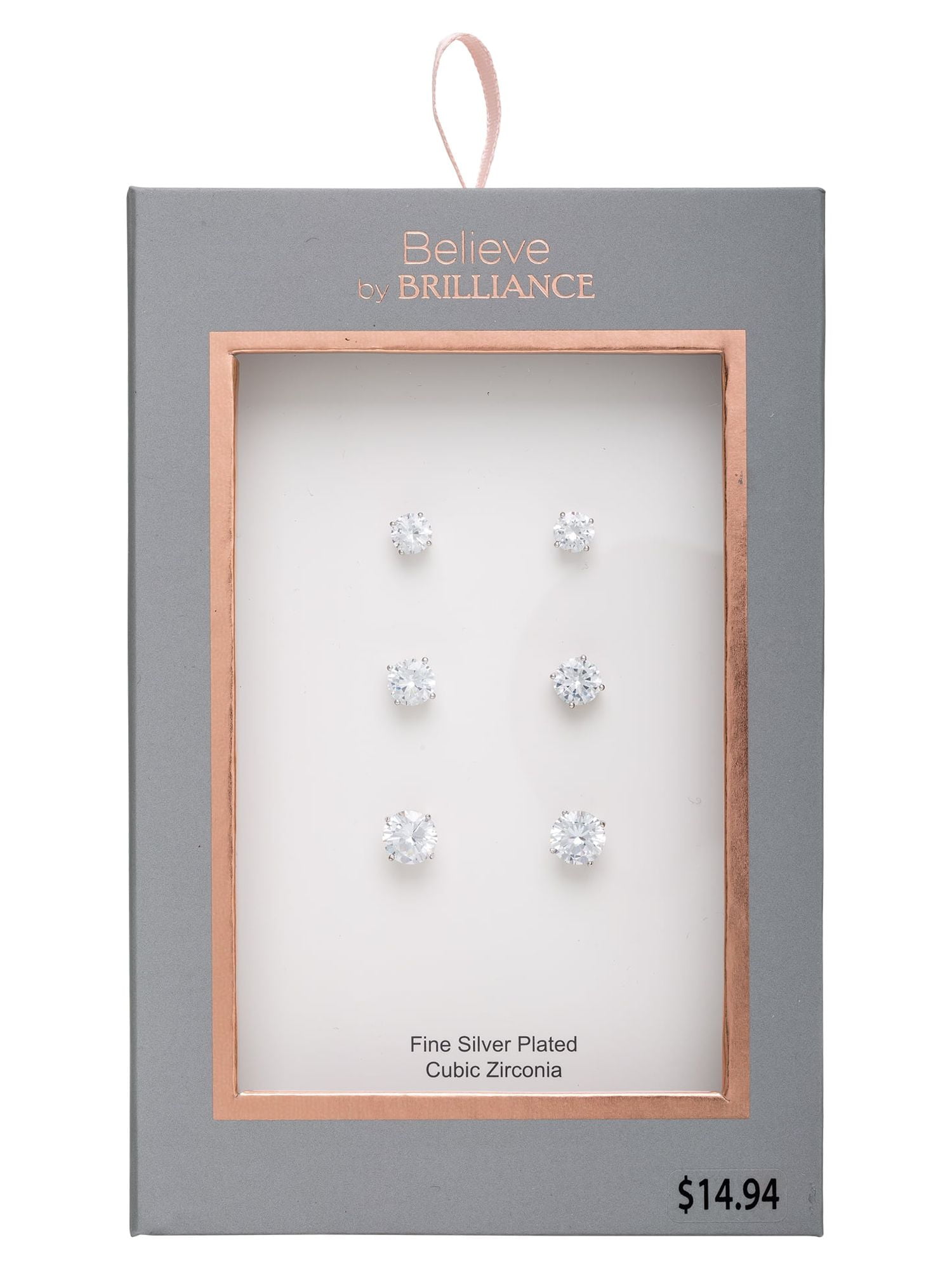 Believe by Brilliance, Women's Fine Silver Plated Cubic Zirconia Round Stud Earrings, 3 Pack - Image 2