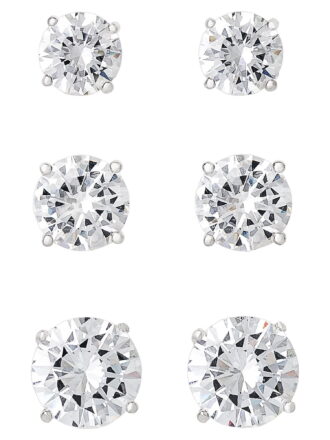 Believe by Brilliance, Women's Fine Silver Plated Cubic Zirconia Round Stud Earrings, 3 Pack