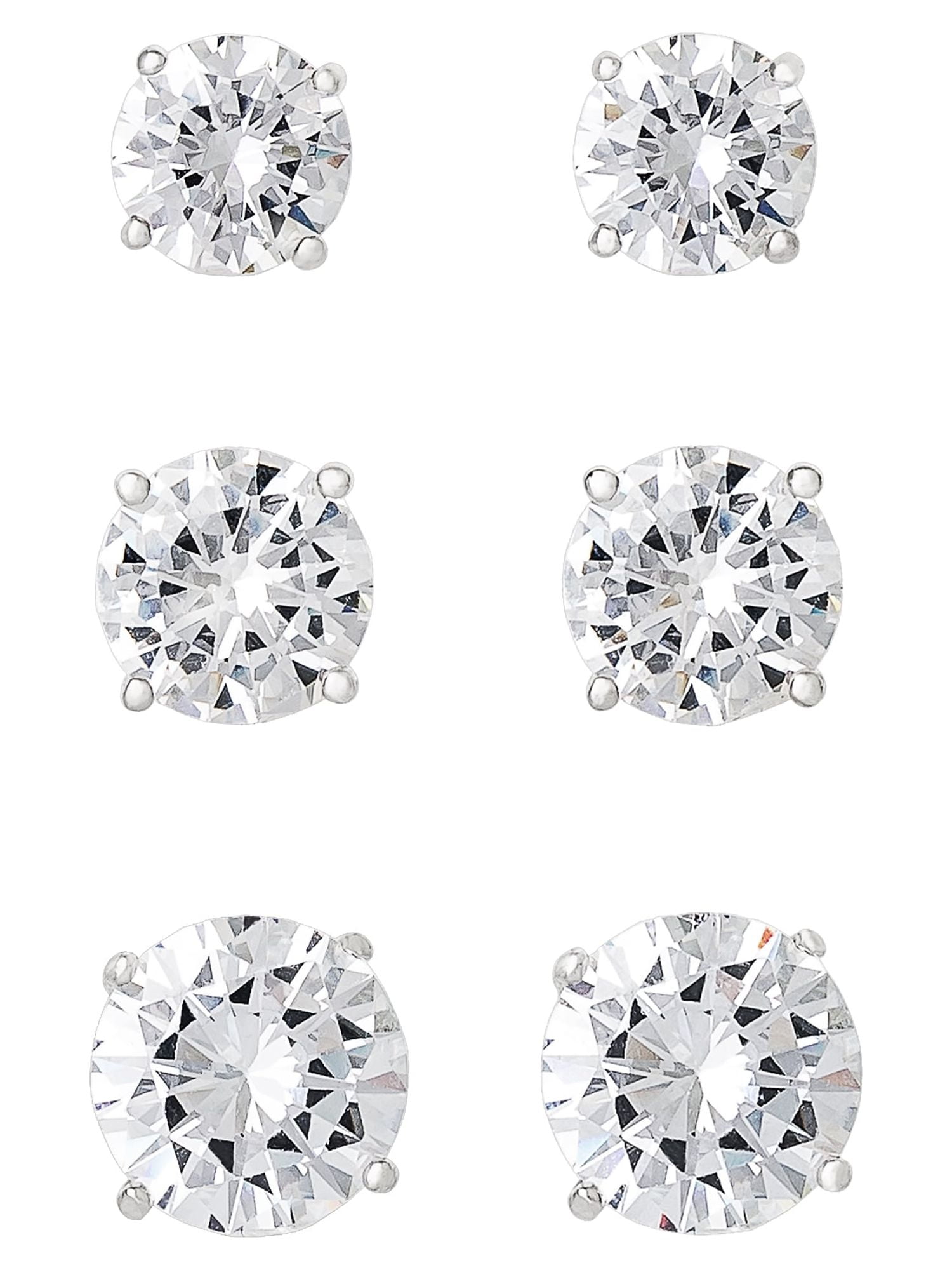 Believe by Brilliance, Women's Fine Silver Plated Cubic Zirconia Round Stud Earrings, 3 Pack