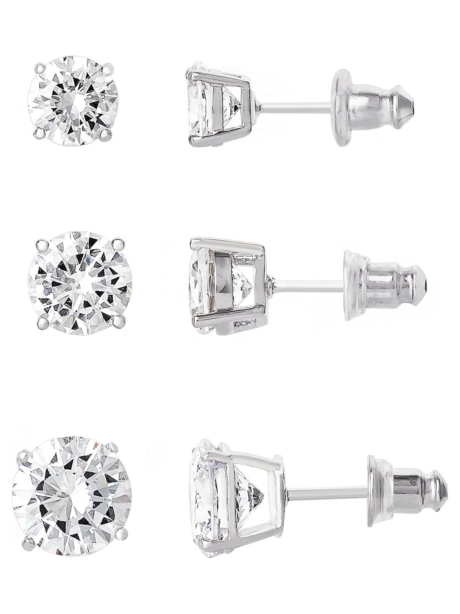 Believe by Brilliance, Women's Fine Silver Plated Cubic Zirconia Round Stud Earrings, 3 Pack - Image 4
