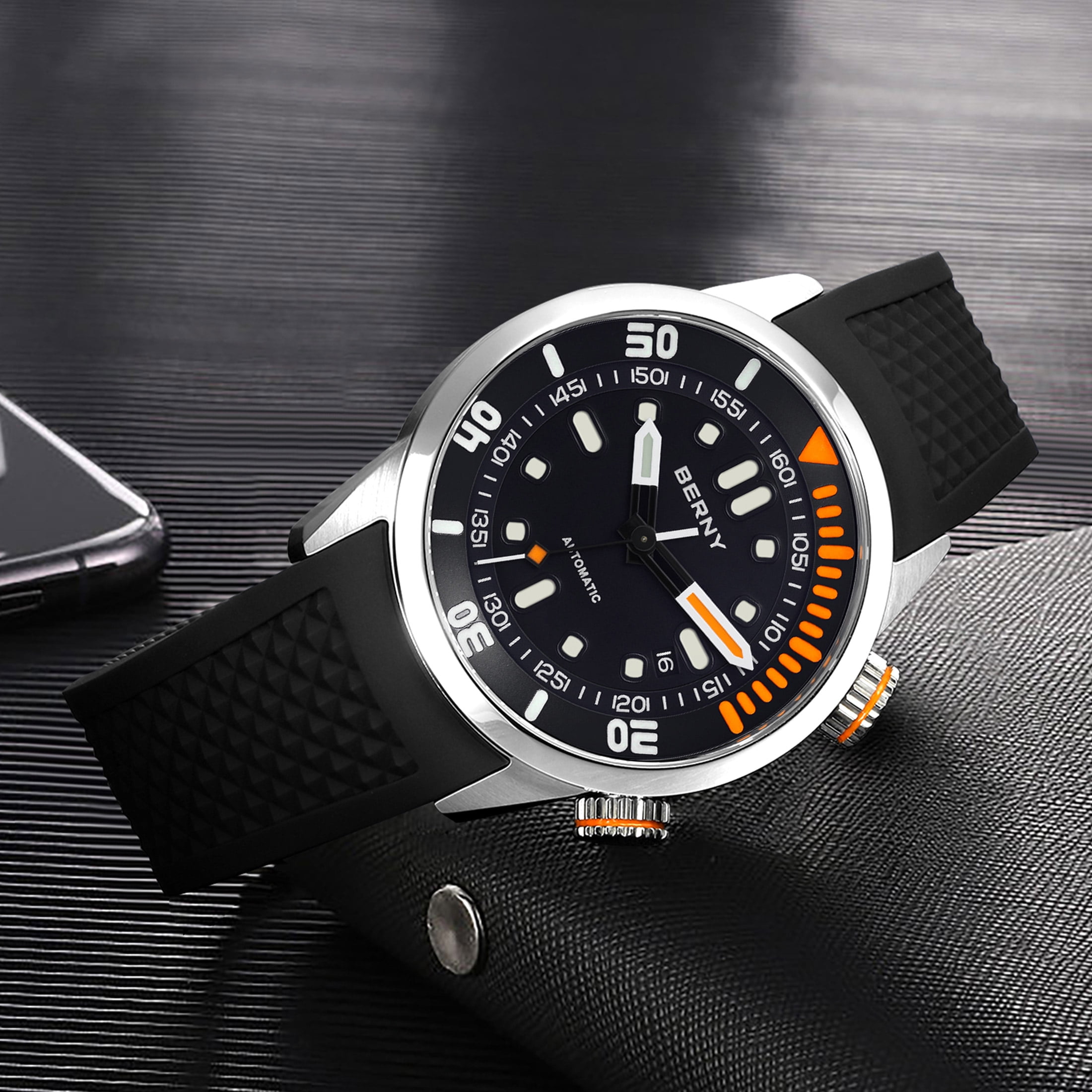 BERNY Automatic Dive Watches for Men, Sport 20ATM Waterproof Analog Mechanical Watch with Date, Super Luminous, Silicone Strap, Stainless Steel, Sapphire Crystal, Men's Pro Diver Watch (Black) - Image 3
