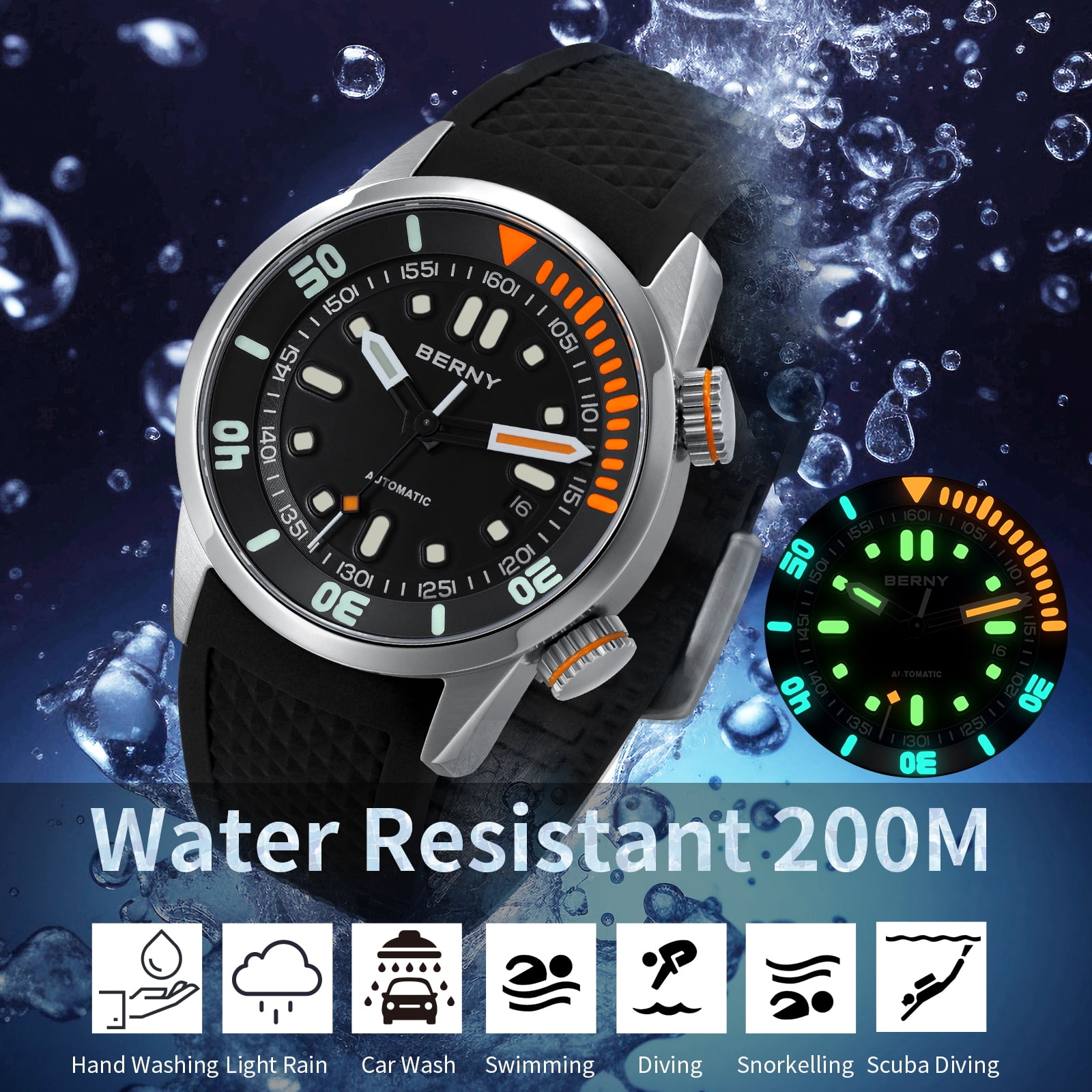 BERNY Automatic Dive Watches for Men, Sport 20ATM Waterproof Analog Mechanical Watch with Date, Super Luminous, Silicone Strap, Stainless Steel, Sapphire Crystal, Men's Pro Diver Watch (Black) - Image 2