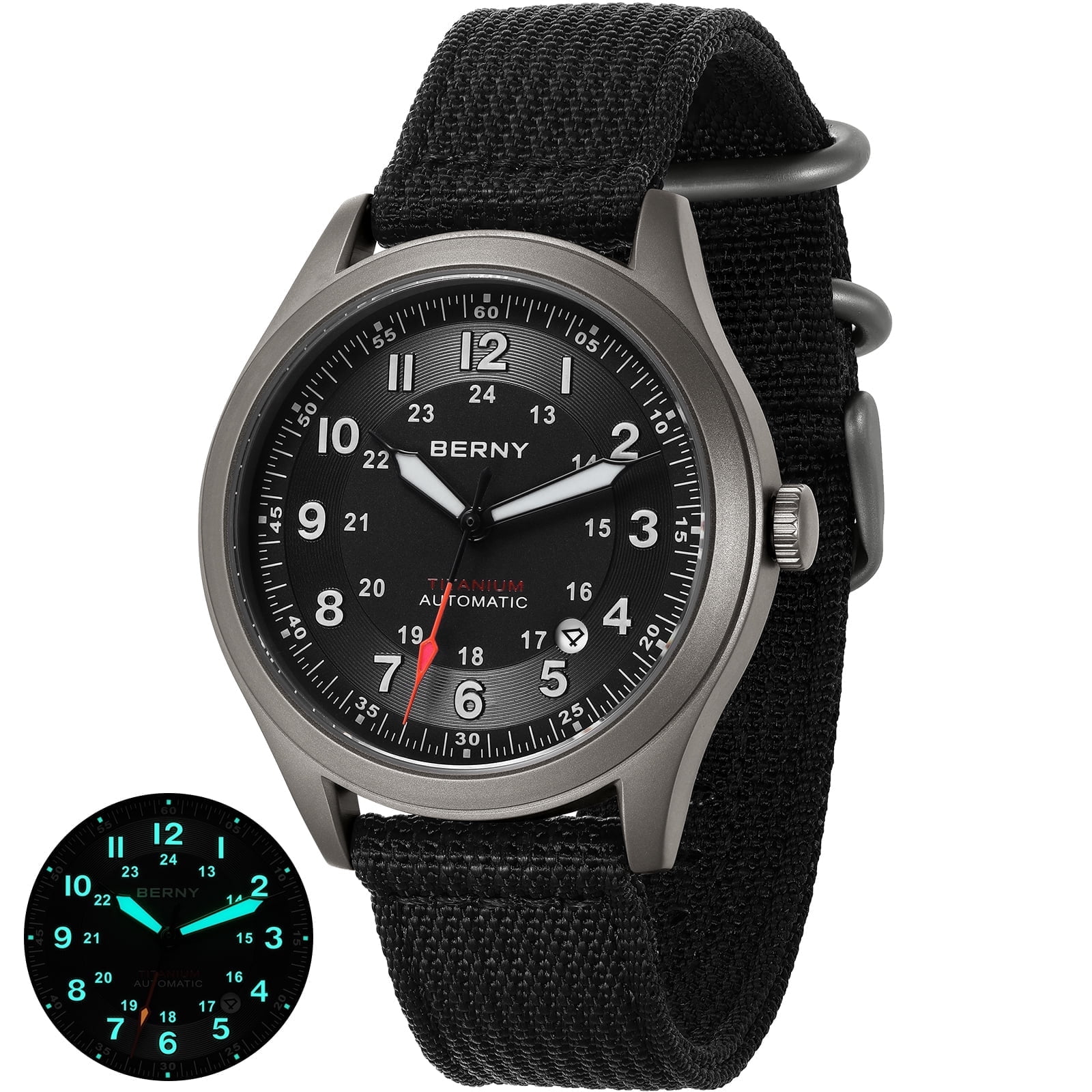 BERNY Automatic Watches for Men Military Sport Nylon Strap Titanium Field Watch with Date Sapphire Crystal Luminous Analog Mechanical Watch 100M Waterproof Army Tactical Casual Wristwatch (Black)
