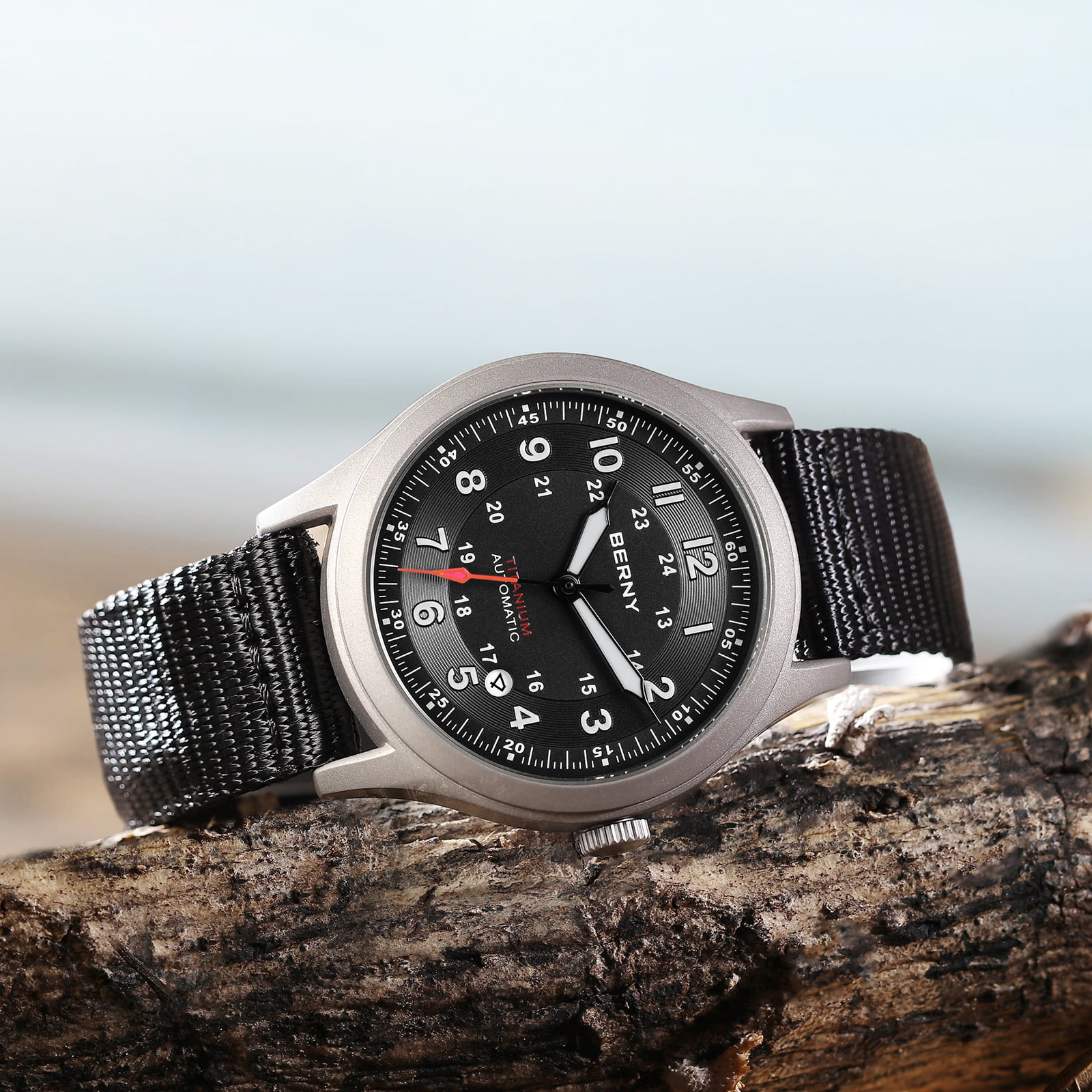BERNY Automatic Watches for Men Military Sport Nylon Strap Titanium Field Watch with Date Sapphire Crystal Luminous Analog Mechanical Watch 100M Waterproof Army Tactical Casual Wristwatch (Black) - Image 5
