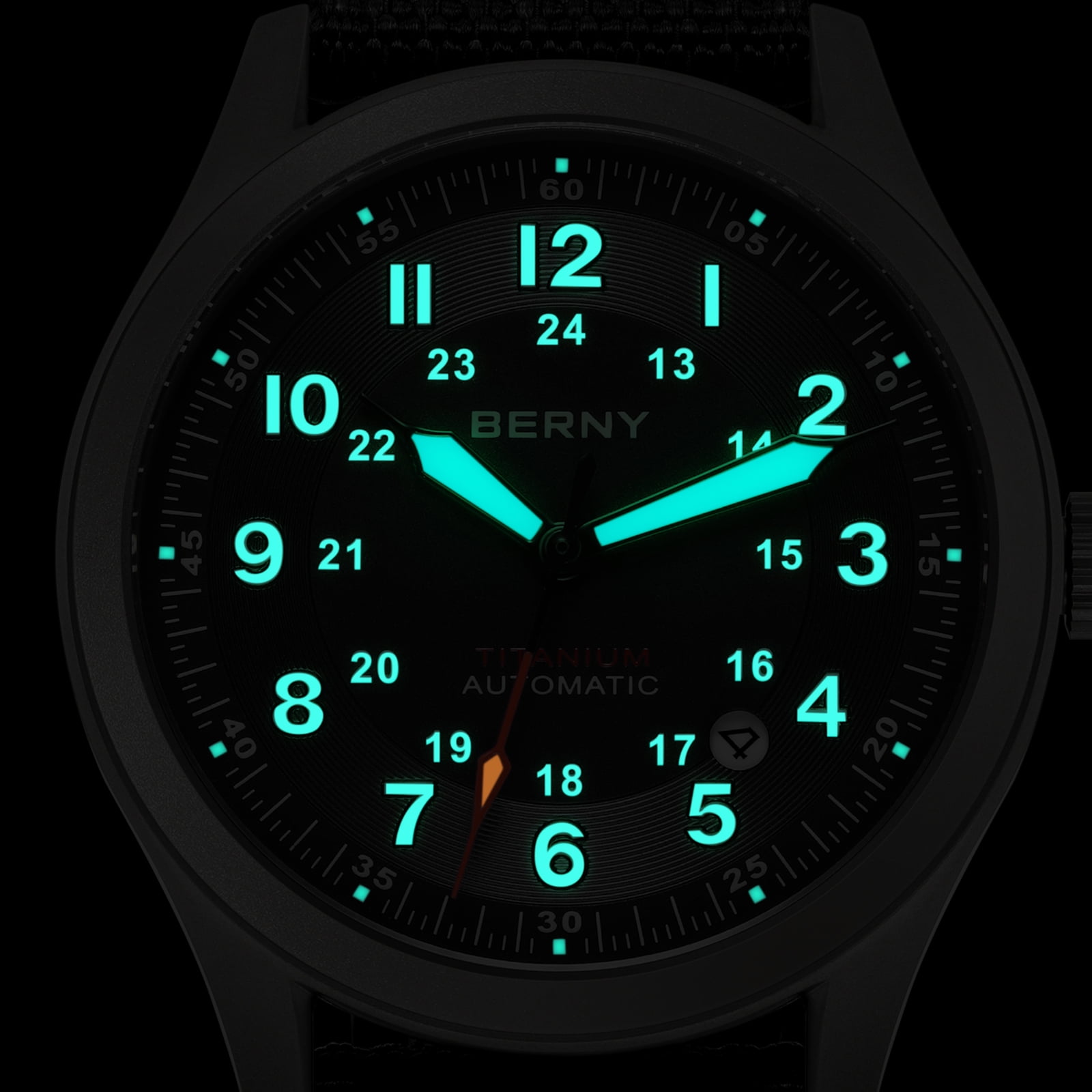 BERNY Automatic Watches for Men Military Sport Nylon Strap Titanium Field Watch with Date Sapphire Crystal Luminous Analog Mechanical Watch 100M Waterproof Army Tactical Casual Wristwatch (Black) - Image 2
