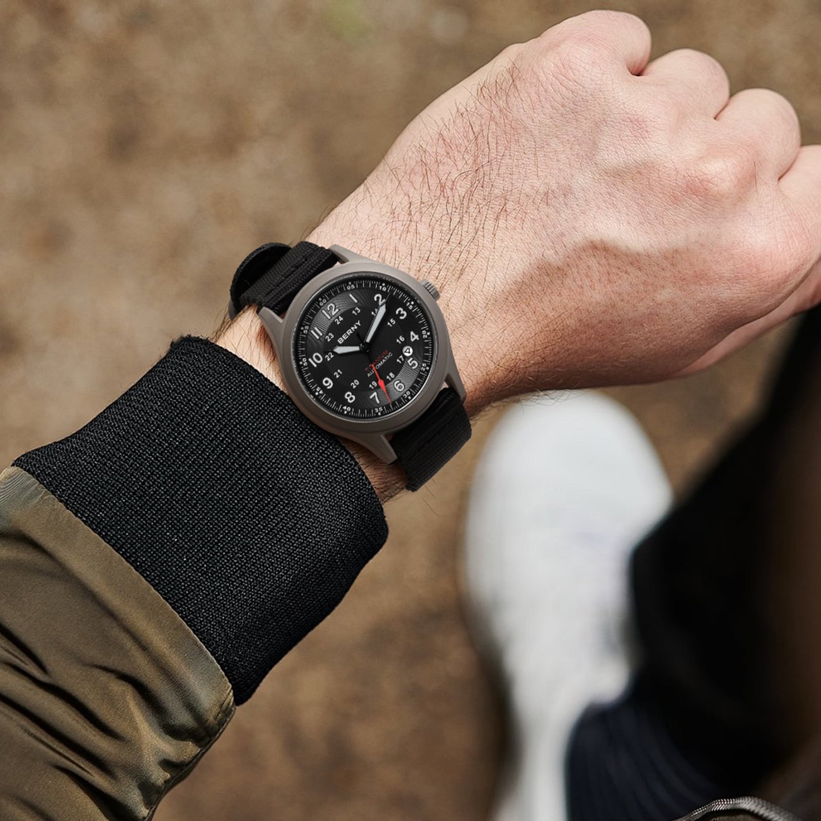 BERNY Automatic Watches for Men Military Sport Nylon Strap Titanium Field Watch with Date Sapphire Crystal Luminous Analog Mechanical Watch 100M Waterproof Army Tactical Casual Wristwatch (Black) - Image 3