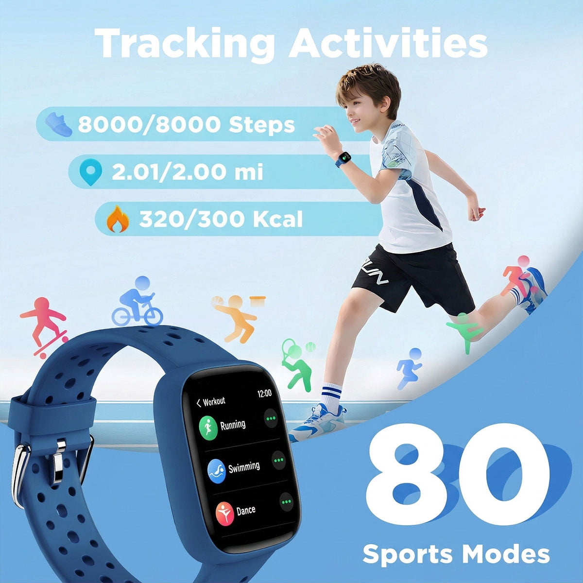 BIGGERFIVE Smart Watch for Kids No APP No Phone Needed, 1.8" Fitness Tracker Watch Pedometer, Sleep Monitor, IP68 Waterproof, Step Counter, Puzzle Games for Girls Boys Teens 5-16, Blue - Image 4