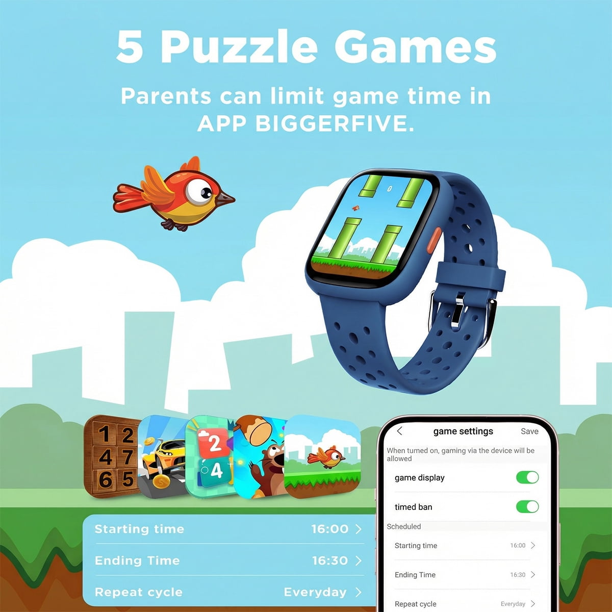 BIGGERFIVE Smart Watch for Kids No APP No Phone Needed, 1.8" Fitness Tracker Watch Pedometer, Sleep Monitor, IP68 Waterproof, Step Counter, Puzzle Games for Girls Boys Teens 5-16, Blue - Image 2