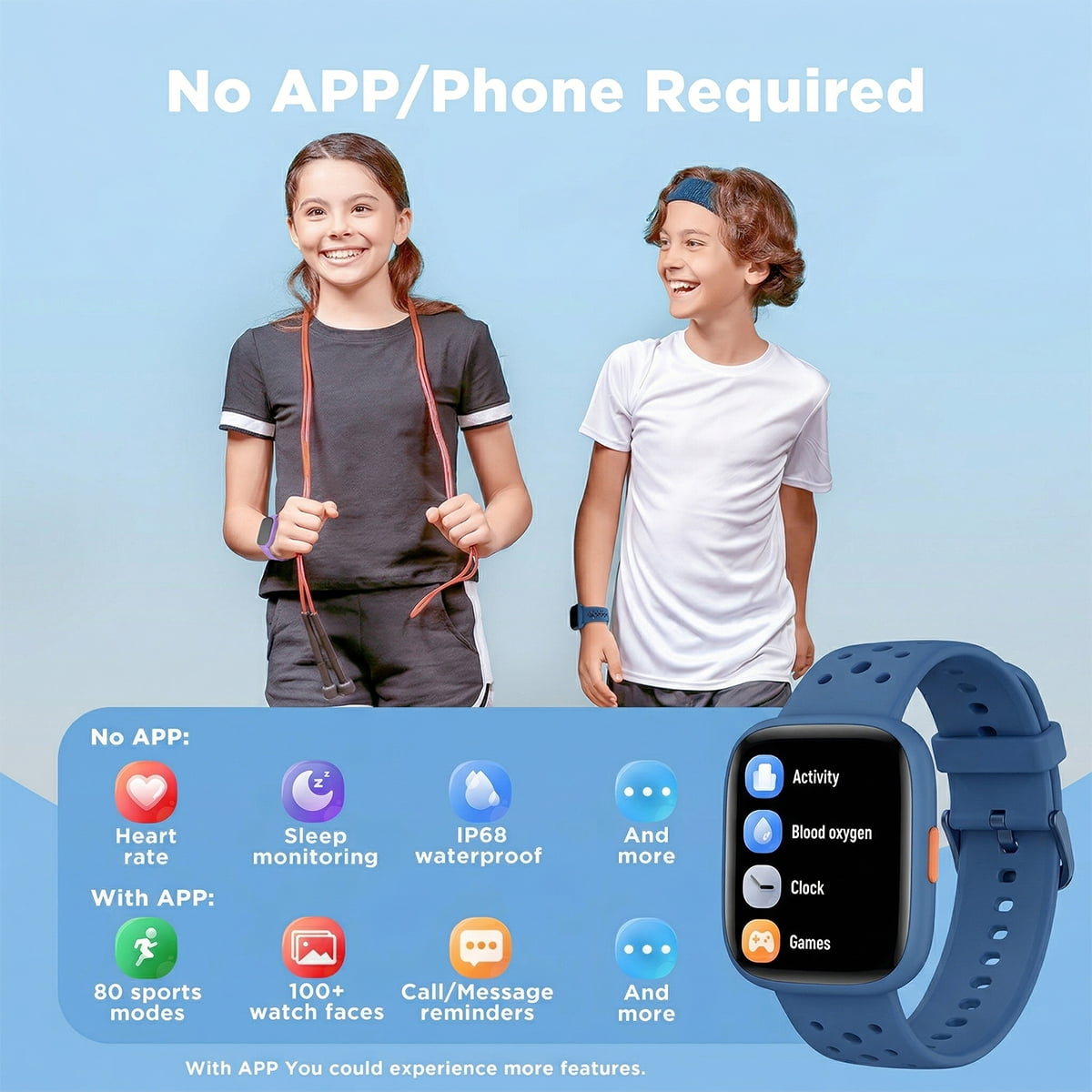 BIGGERFIVE Smart Watch for Kids No APP No Phone Needed, 1.8" Fitness Tracker Watch Pedometer, Sleep Monitor, IP68 Waterproof, Step Counter, Puzzle Games for Girls Boys Teens 5-16, Blue - Image 3