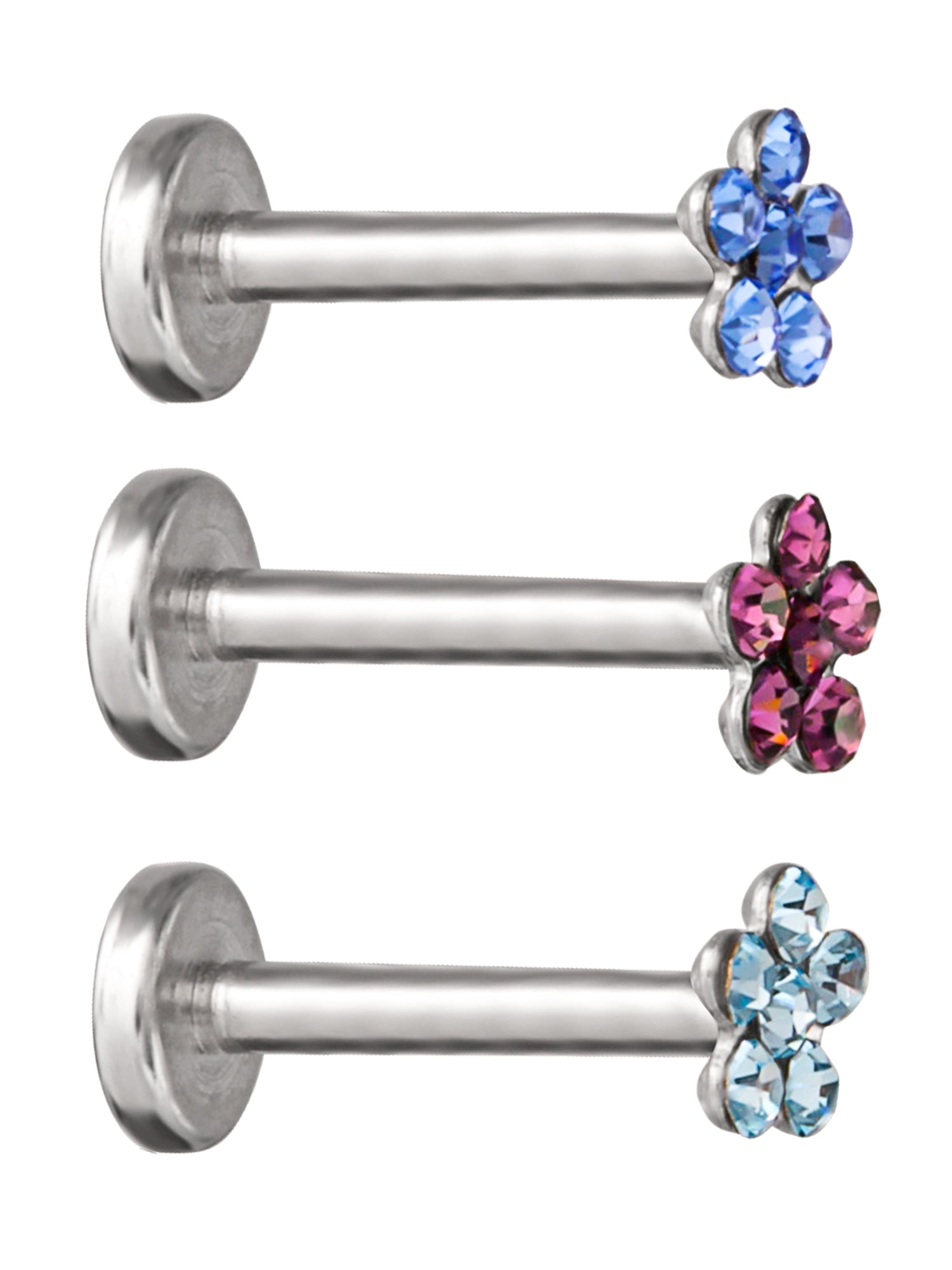 Body Jewelry Women's Stainless Steel 16G Crystal Flower Monroe 3 Pack