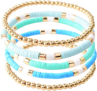 BooToolSurfer Heishi Clay Bead Bracelets for Women Bohemian Stackable Gold Plated Beaded Stretch Bracelets Elastic Layering Friendship Bracelets Set Boho Jewelry