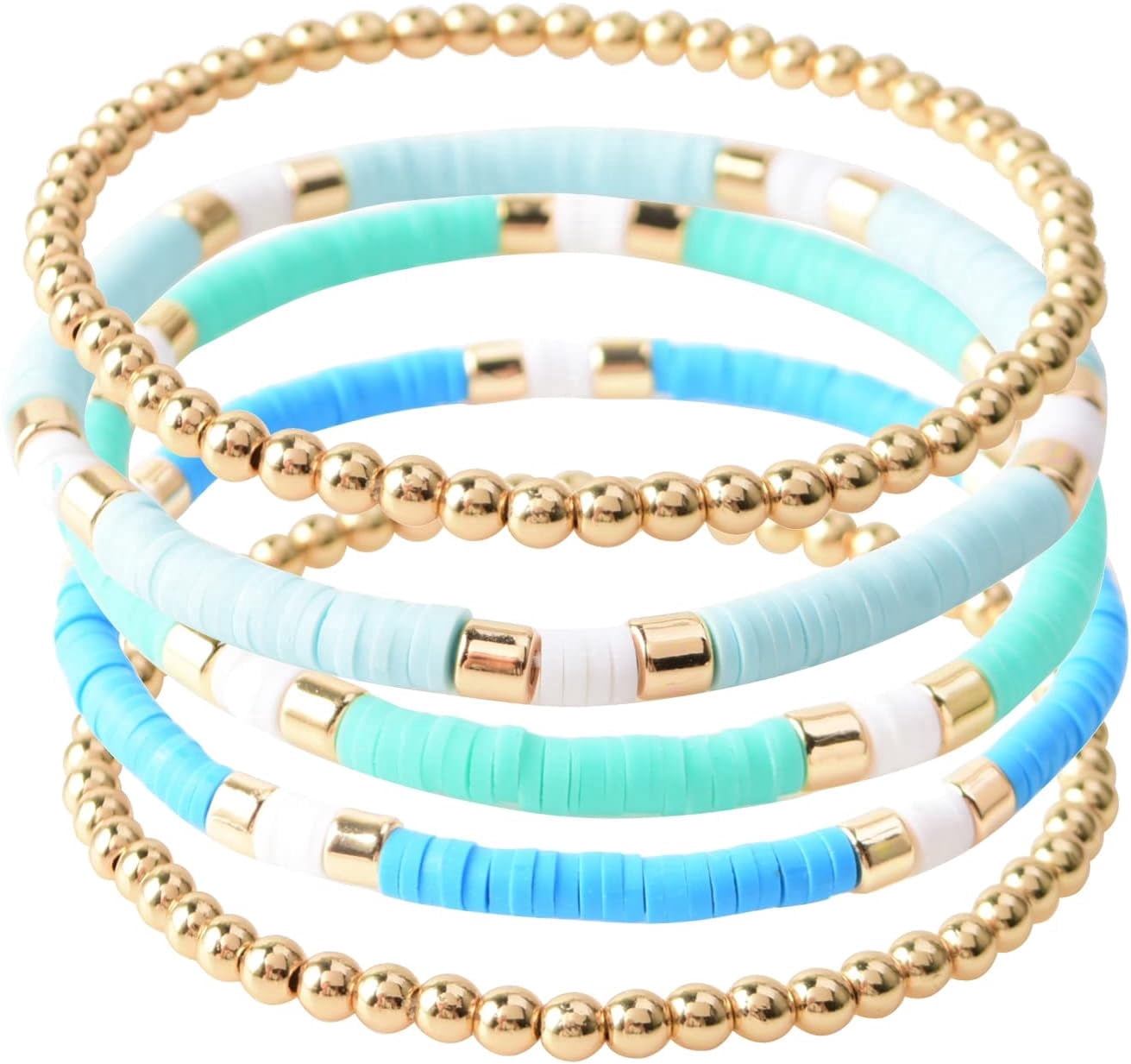 BooToolSurfer Heishi Clay Bead Bracelets for Women Bohemian Stackable Gold Plated Beaded Stretch Bracelets Elastic Layering Friendship Bracelets Set Boho Jewelry