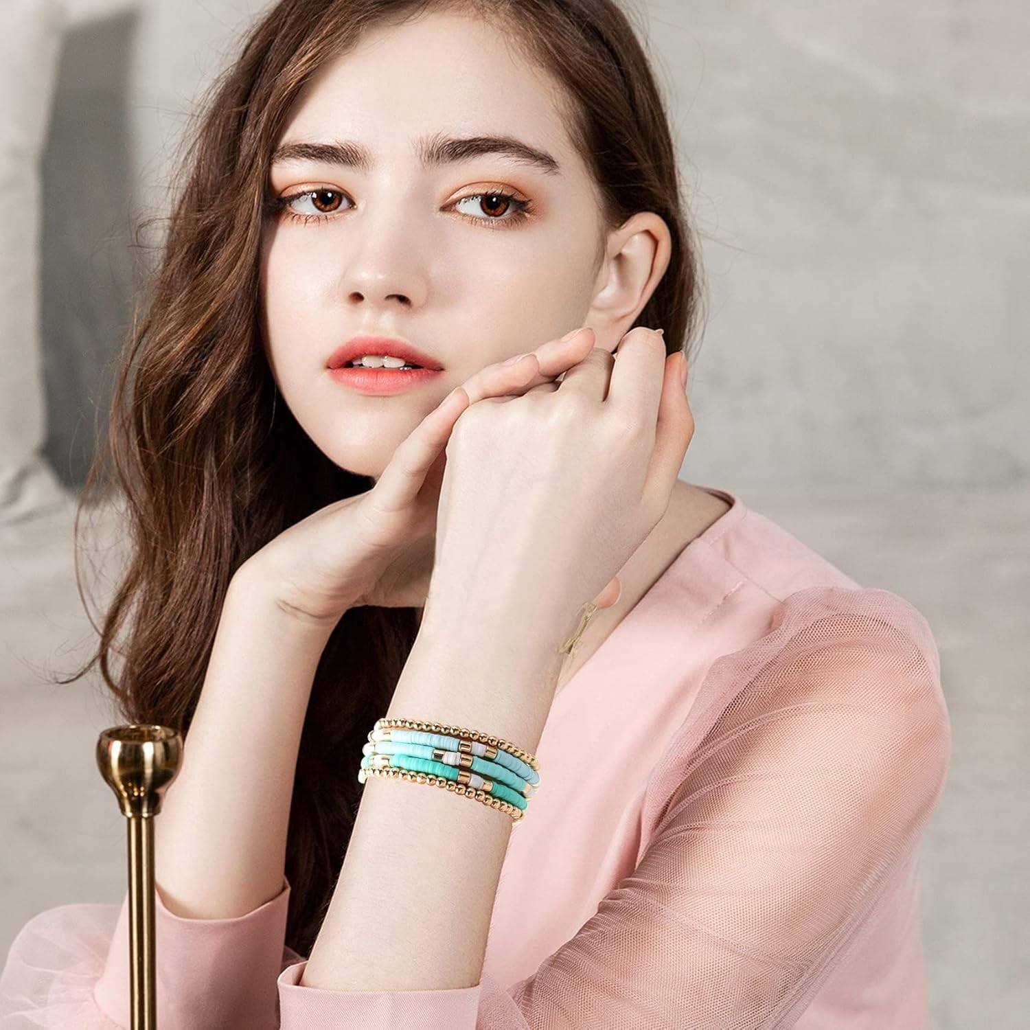 BooToolSurfer Heishi Clay Bead Bracelets for Women Bohemian Stackable Gold Plated Beaded Stretch Bracelets Elastic Layering Friendship Bracelets Set Boho Jewelry - Image 3