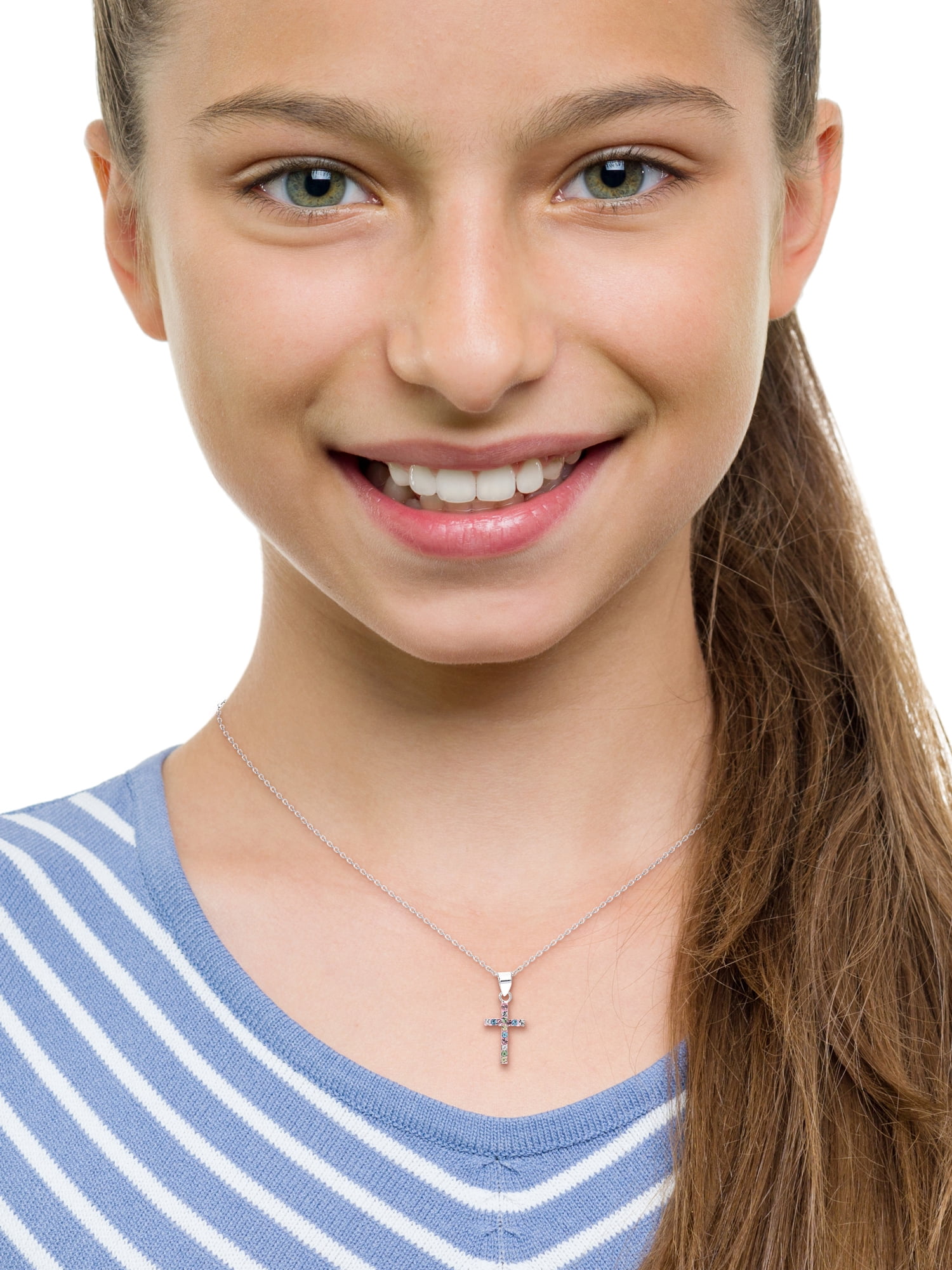Brilliance Fine- Girl’s Sterling Silver Crystal Cross Pendant, 18” Chain - Image 2