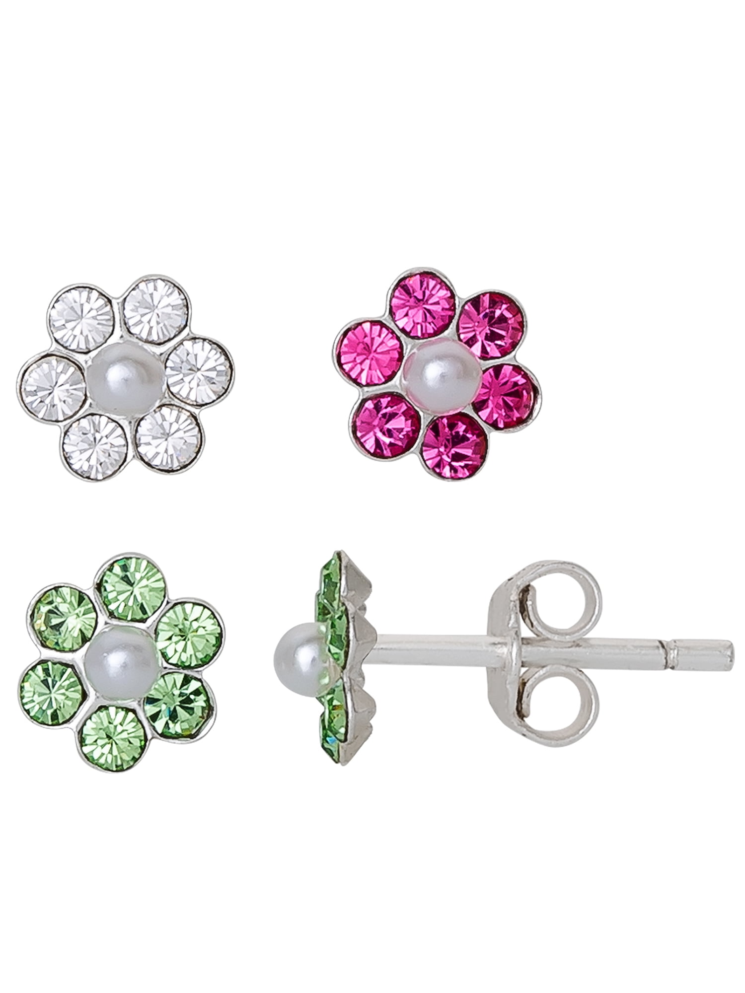 Brilliance Fine -Girl’s Sterling Silver Crystal Flower Stud Earring Set, 3 Pairs