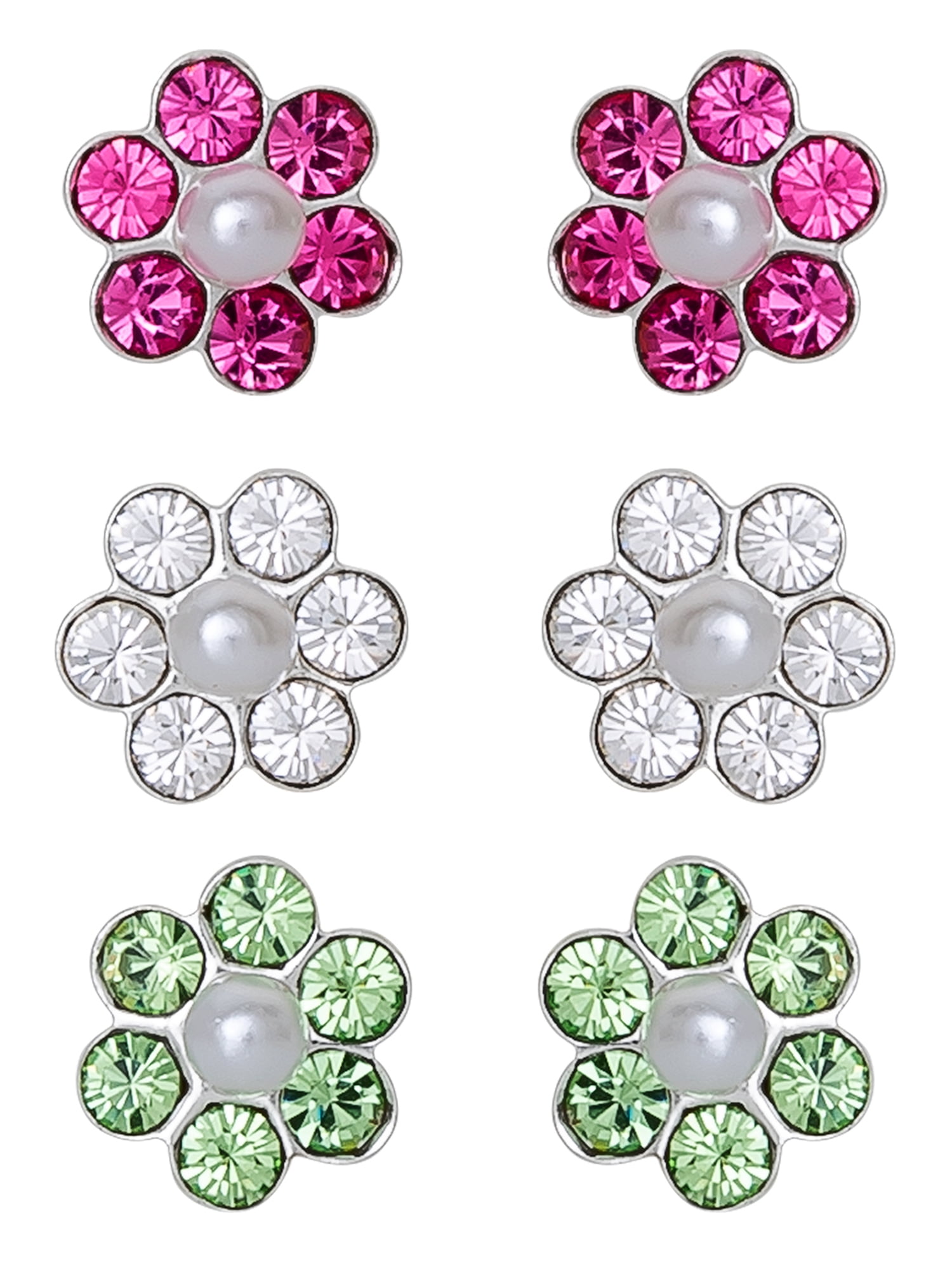 Brilliance Fine -Girl’s Sterling Silver Crystal Flower Stud Earring Set, 3 Pairs - Image 2