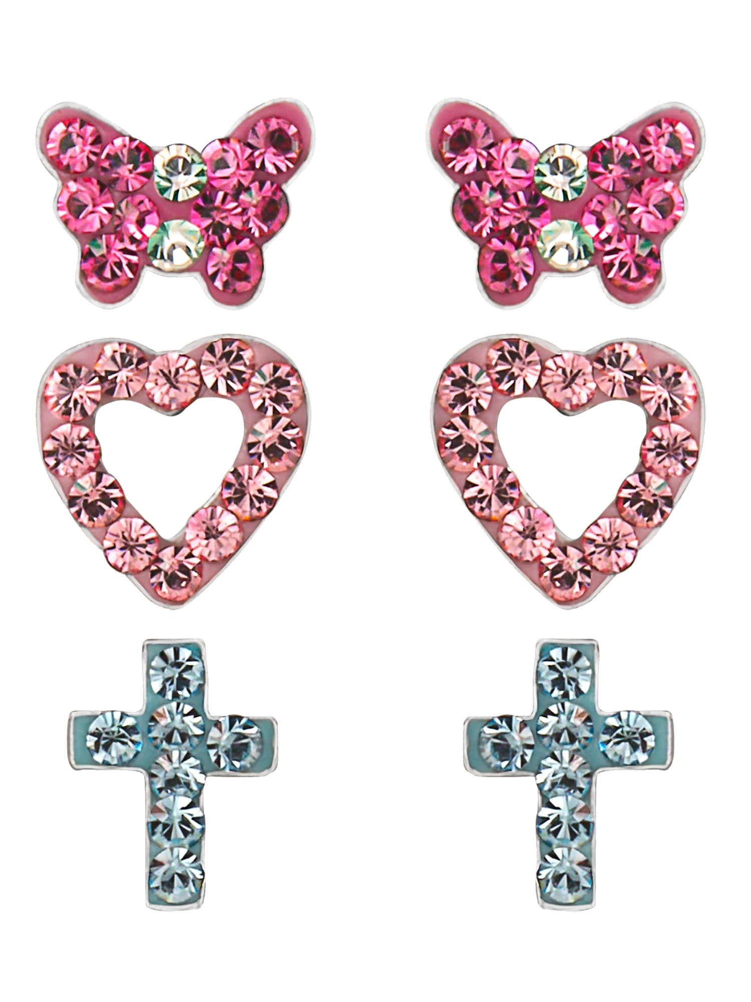 Brilliance Fine Girl’s/Tween Sterling Silver Crystal Heart, Butterfly and Cross Stud Earring Set - Image 3