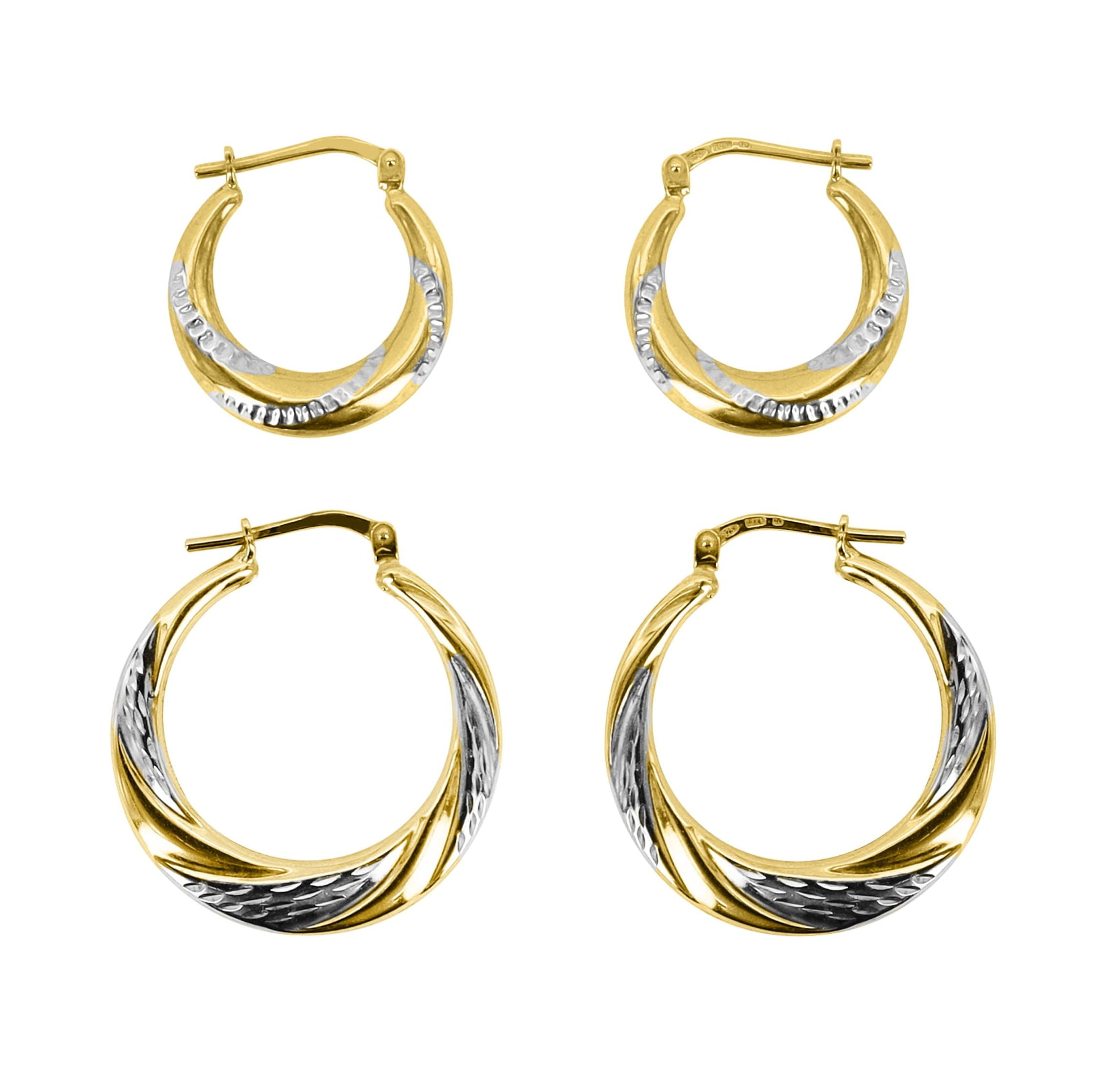 Brilliance Fine Jewellery 14K Gold Plated Sterling Silver and Diamond Cut Swirl Hoops Earrings Set