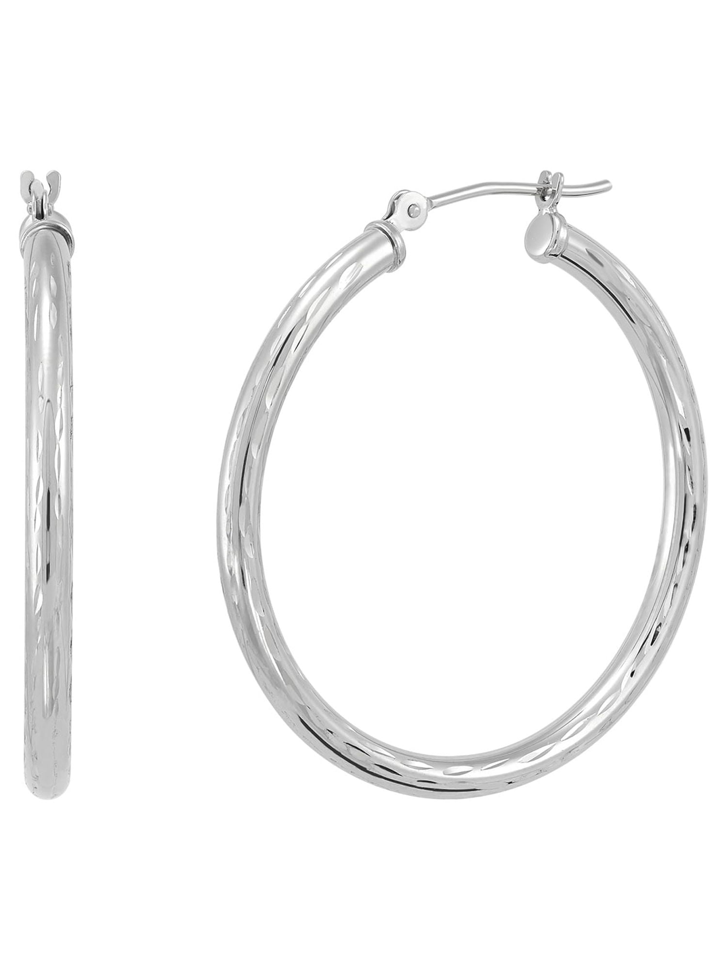 Brilliance Fine Jewelry 10K White Gold Polished and Diamond-Cut Round Tube Hoop Earrings - Image 3