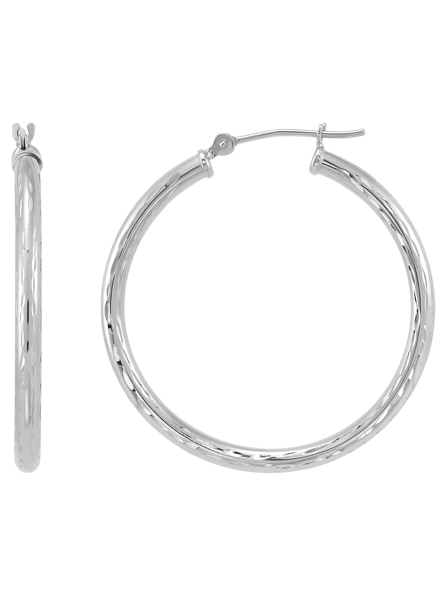 Brilliance Fine Jewelry 10K White Gold Polished and Diamond-Cut Round Tube Hoop Earrings