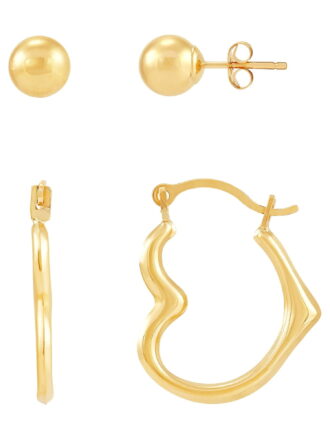 Brilliance Fine Jewelry 10K Yellow Gold 6MM Ball Studs and Heart Hoops Set
