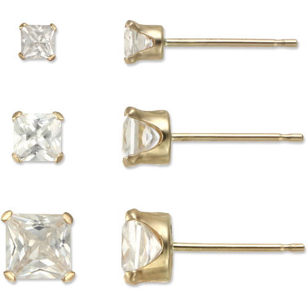 Brilliance Fine Jewelry 10kt Yellow Gold Square Cubic Zirconia Stud Earrings Set, 3 Sizes - Image 2