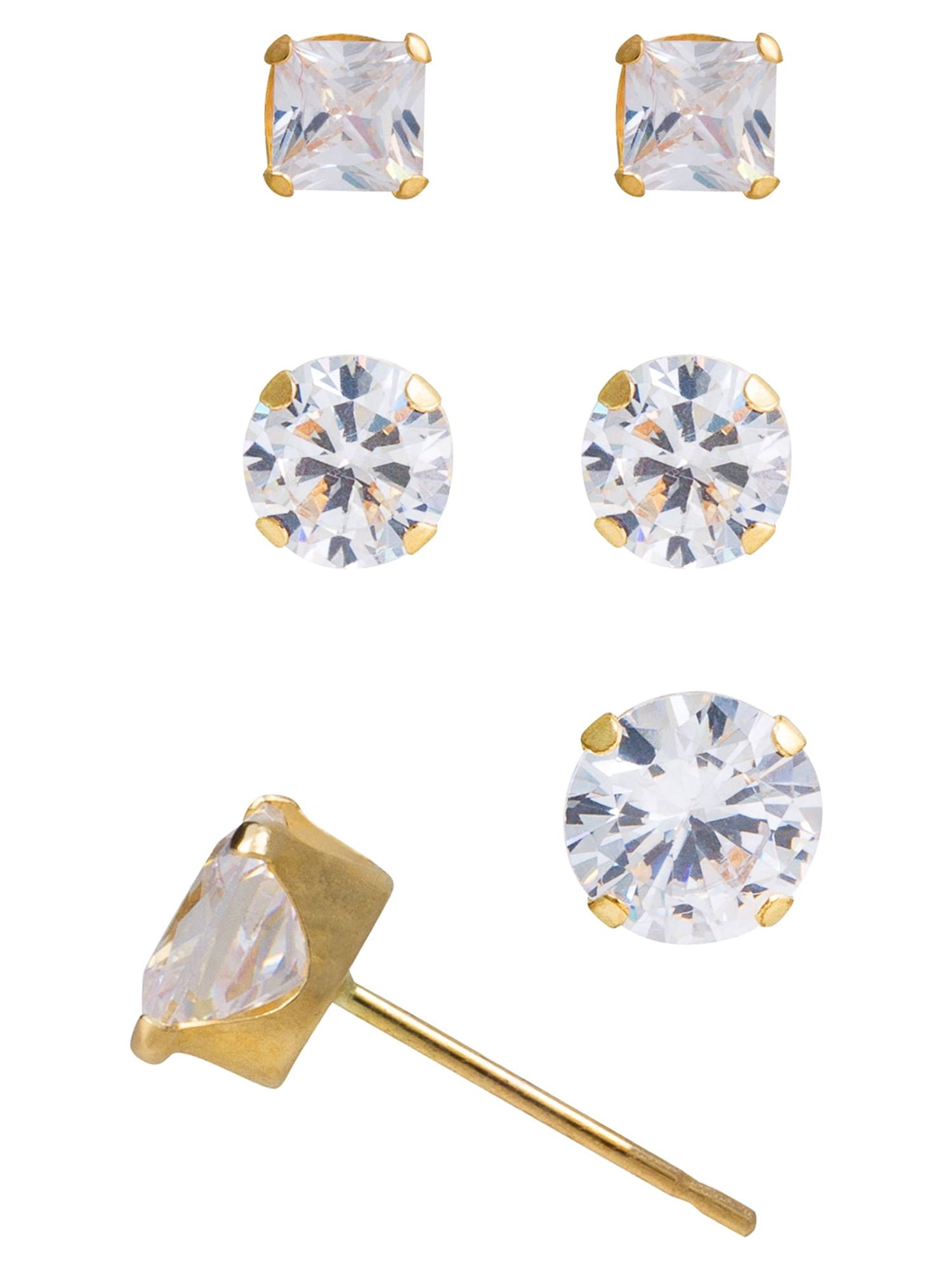 Brilliance Fine Jewelry 10kt Yellow Gold Square Cubic Zirconia Stud Earrings Set, 3 Sizes