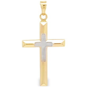 Brilliance Fine Jewelry 14 KT Two Tone Cross with Cross Design Religious Pendant, 14KT Yellow Gold Cross with 14KT White Gold Cross Accent