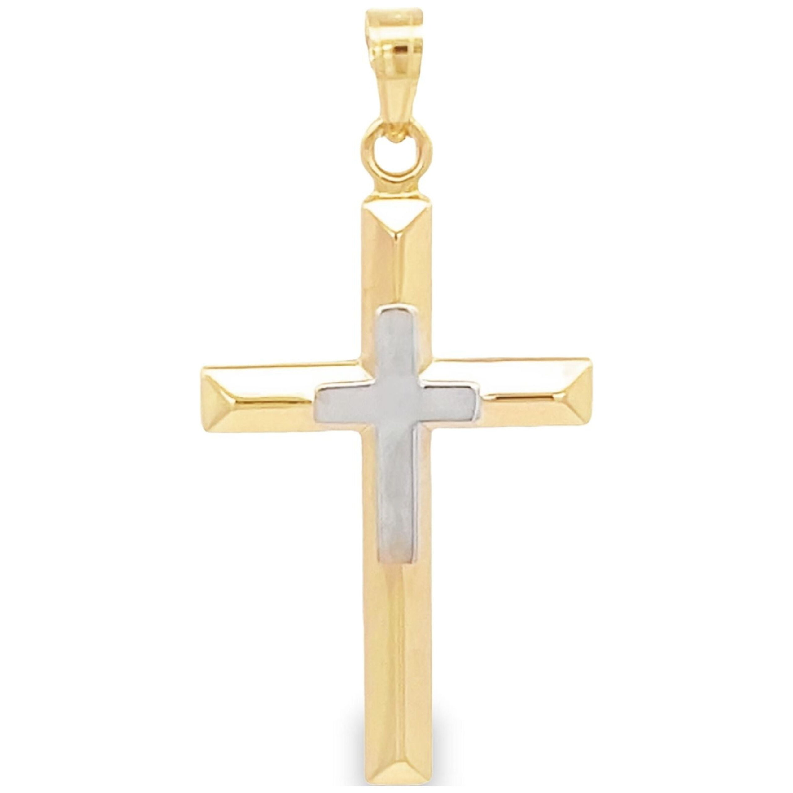 Brilliance Fine Jewelry 14 KT Two Tone Cross with Cross Design Religious Pendant, 14KT Yellow Gold Cross with 14KT White Gold Cross Accent