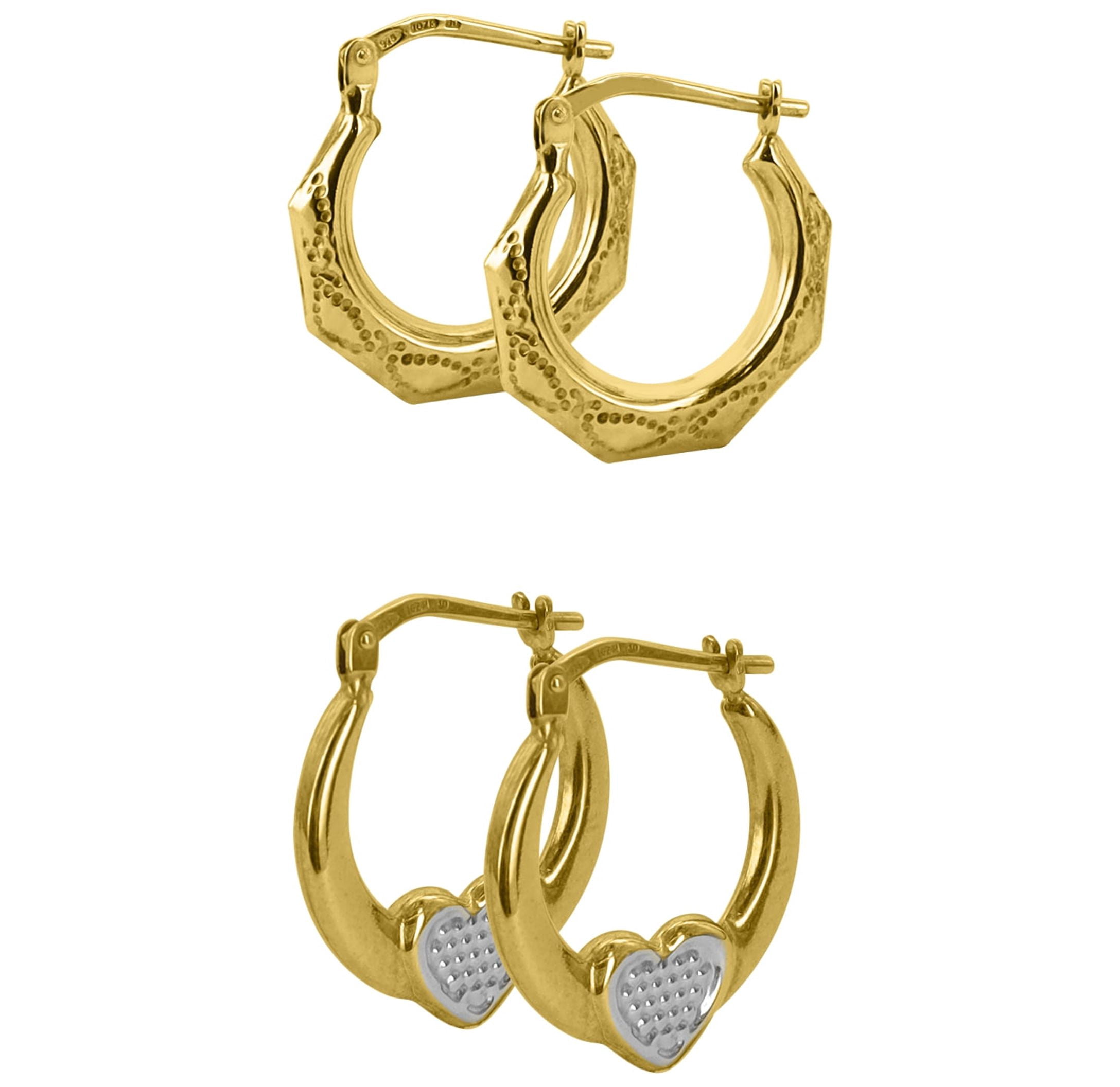 Brilliance Fine Jewelry 14K Gold Plated Sterling Silver Polygon and Heart Hoops Adults Earrings Set - Image 3