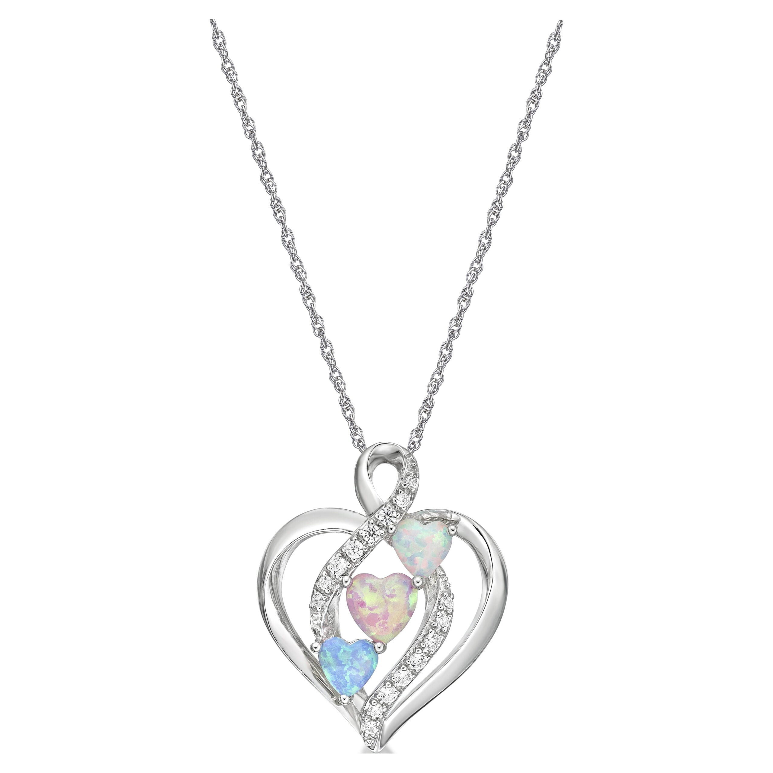 Brilliance Fine Jewelry 925 Sterling Silver Lab Created Blue, Pink and White Opal with Simulated White Diamond Open Halo Heart Pendant on an 18" Fine Rope Chain - Image 2