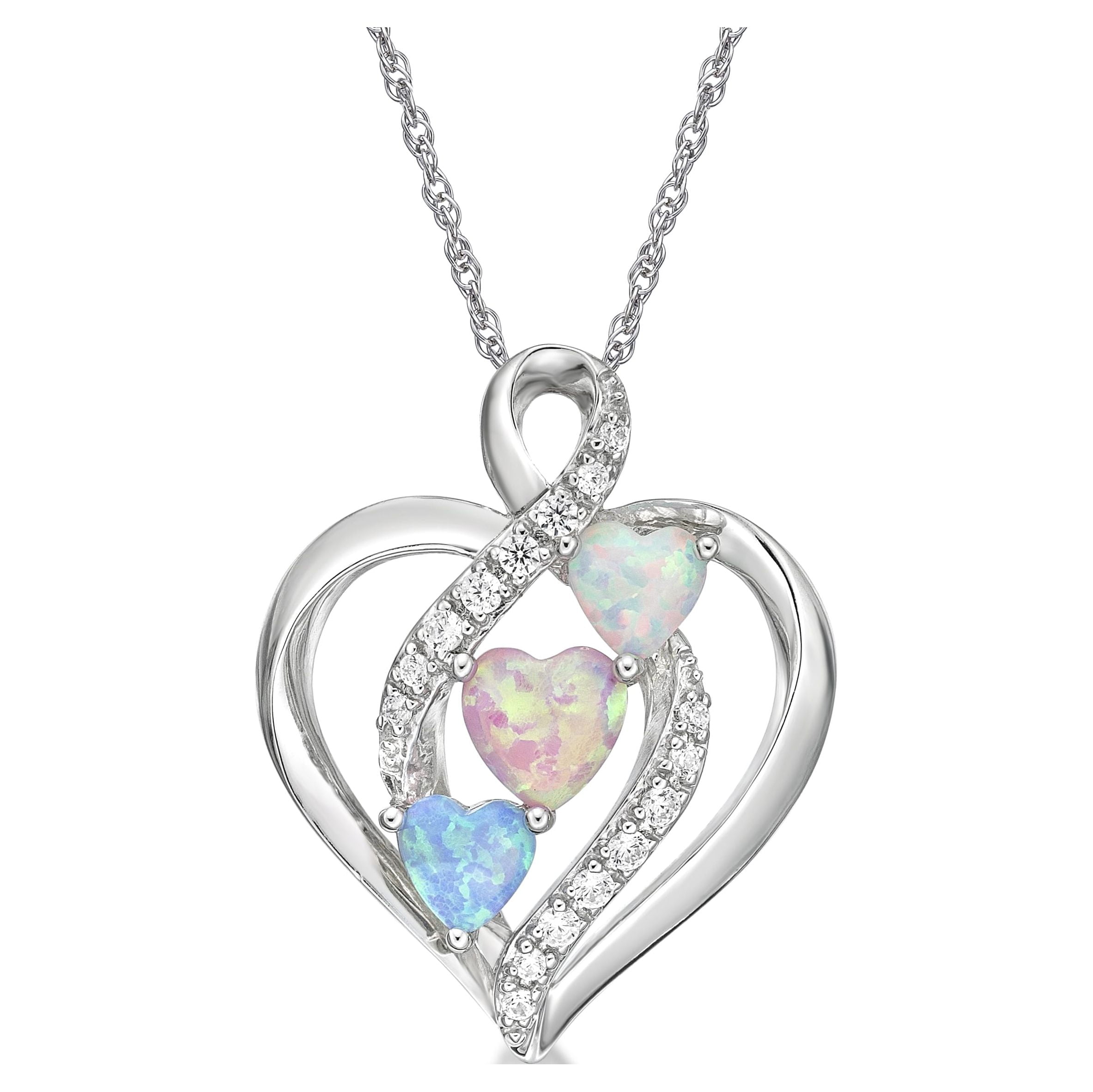 Brilliance Fine Jewelry 925 Sterling Silver Lab Created Blue, Pink and White Opal with Simulated White Diamond Open Halo Heart Pendant on an 18" Fine Rope Chain