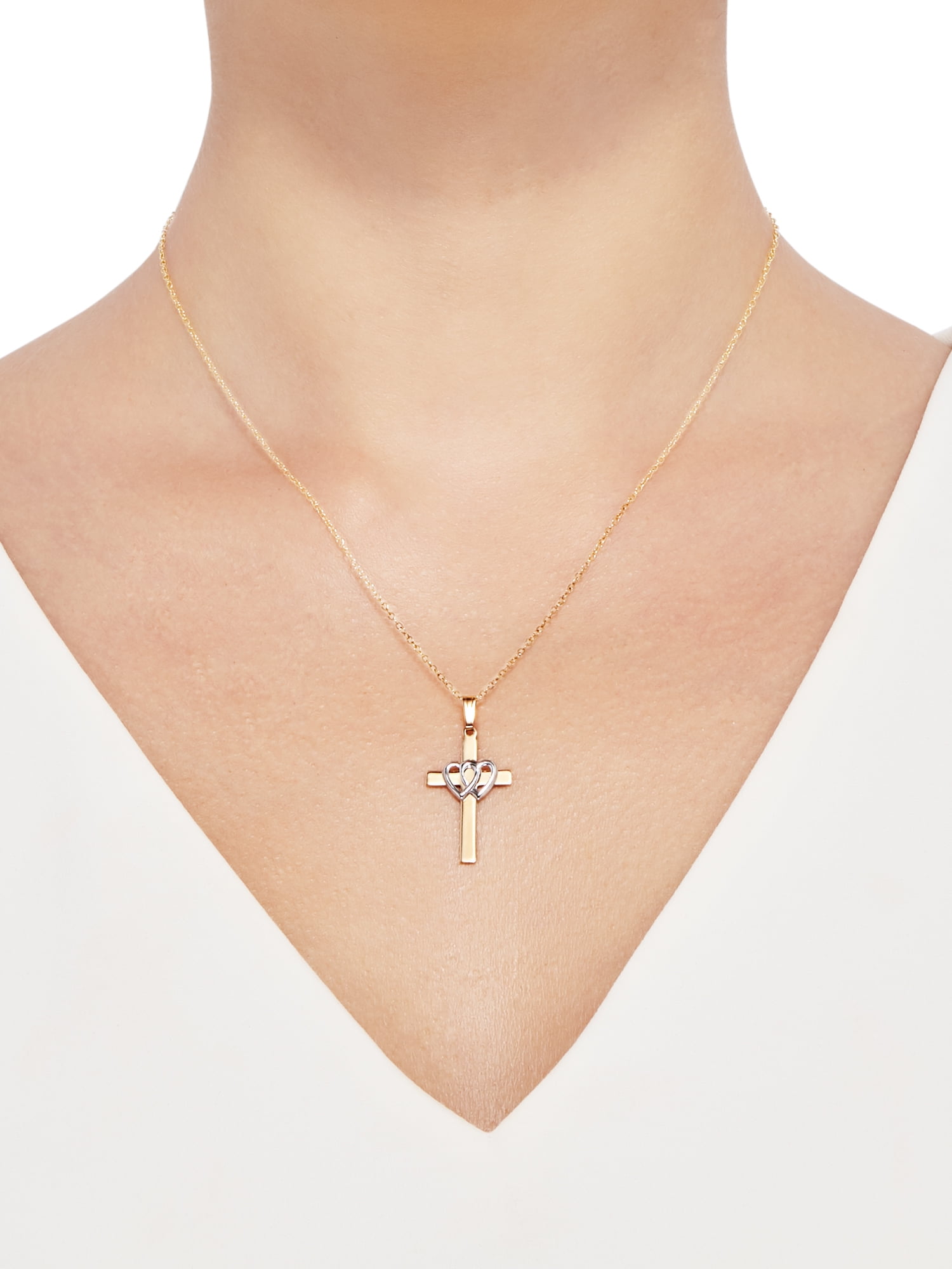 Brilliance Fine Jewelry Cross Double Hearts Pendant in Sterling Silver and 18k Gold Plate, 18" - Image 2