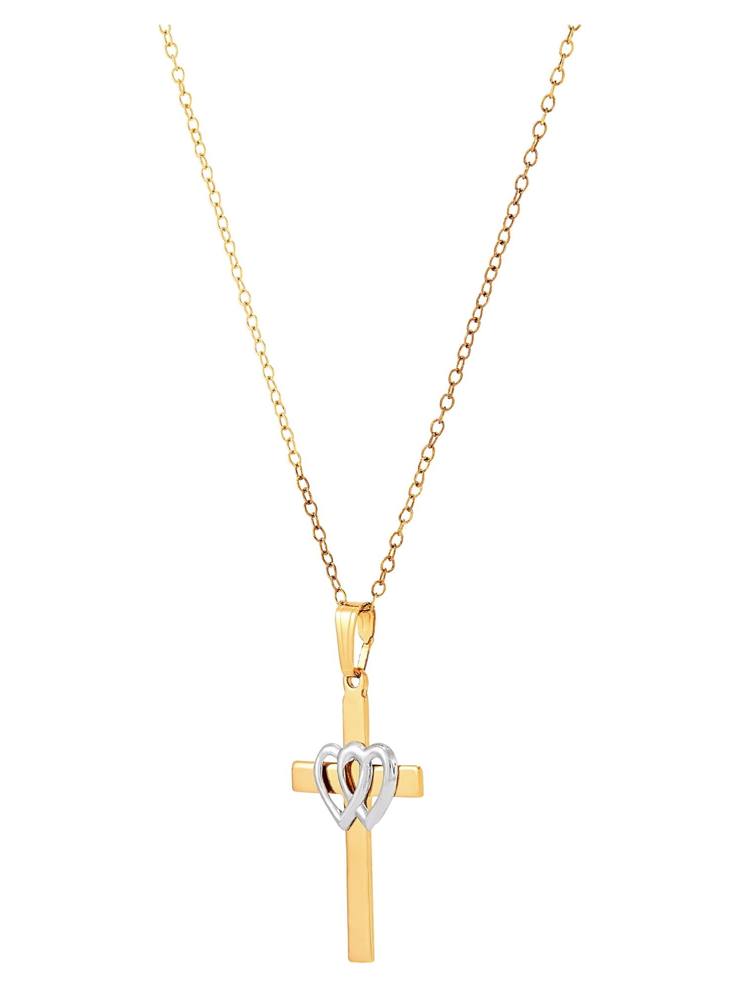 Brilliance Fine Jewelry Cross Double Hearts Pendant in Sterling Silver and 18k Gold Plate, 18" - Image 4