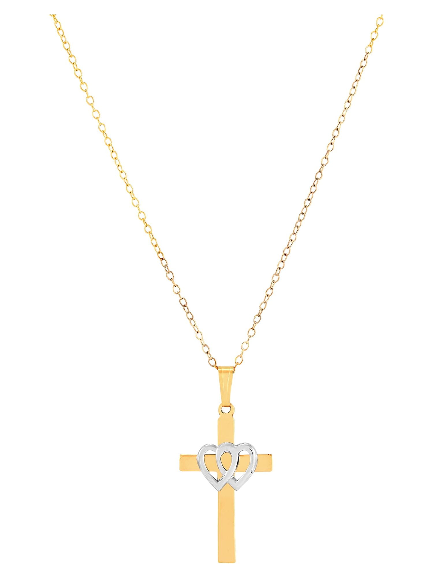 Brilliance Fine Jewelry Cross Double Hearts Pendant in Sterling Silver and 18k Gold Plate, 18"