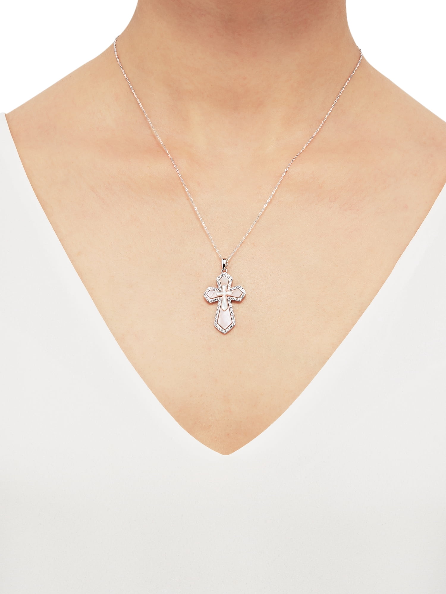 Brilliance Fine Jewelry Cross Mother of Pearl,Crystal,Cross Pendant in Sterling Silver,18" - Image 3