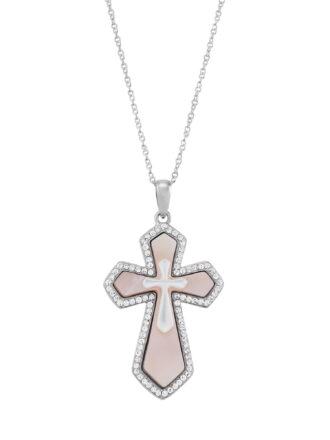 Brilliance Fine Jewelry Cross Mother of Pearl,Crystal,Cross Pendant in Sterling Silver,18"