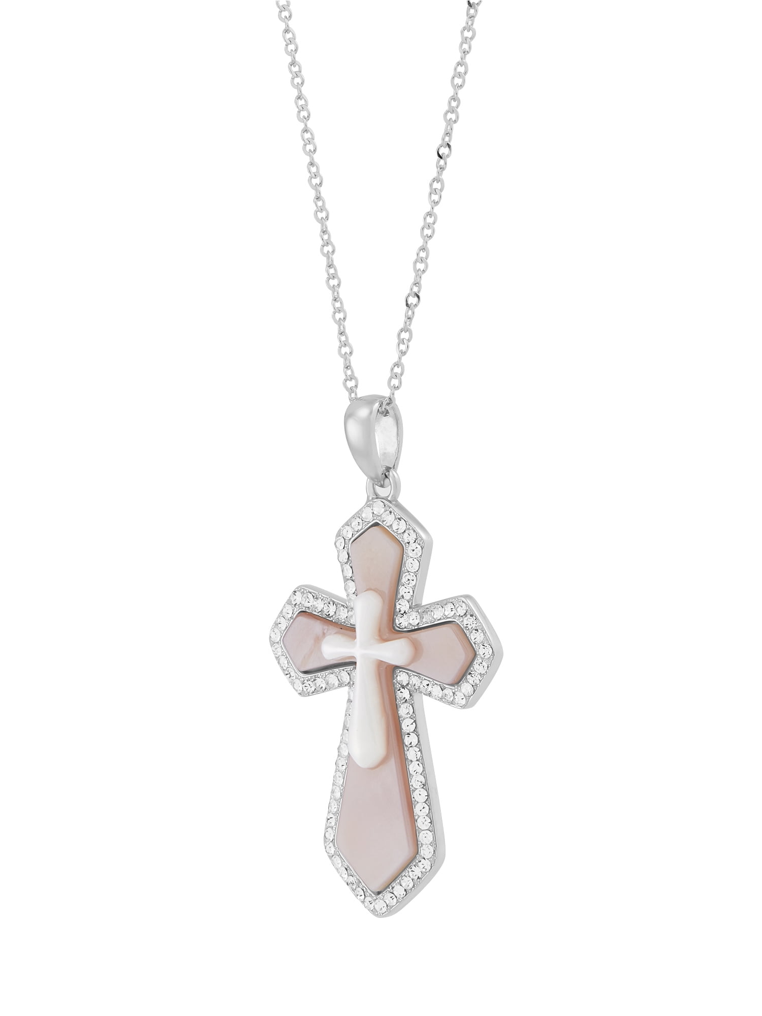 Brilliance Fine Jewelry Cross Mother of Pearl,Crystal,Cross Pendant in Sterling Silver,18" - Image 2