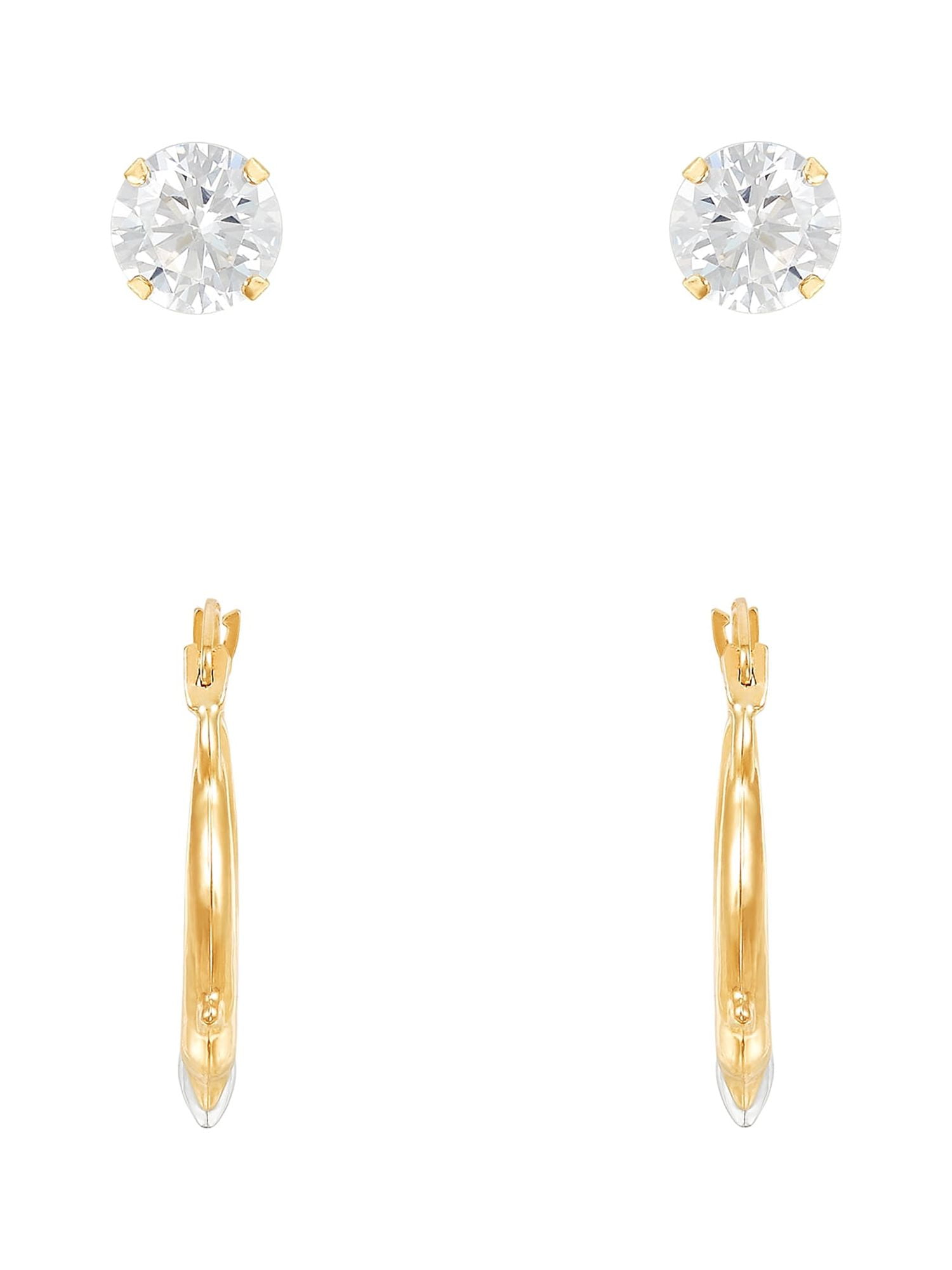 Brilliance Fine Jewelry Cubic Zirconia 6MM Studs and Dolphins Hoops Set in 10K Yellow Gold - Image 3